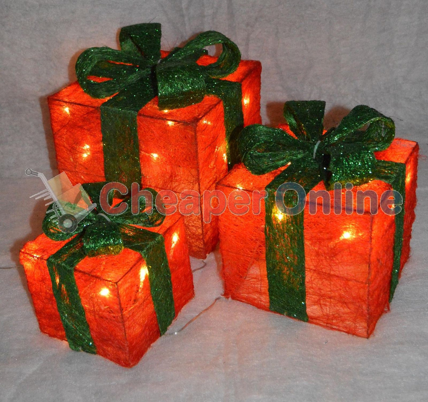 Premier Christmas Set of 3 Glitter Parcels in Red with Green Bow & LED Lights Mains Operated