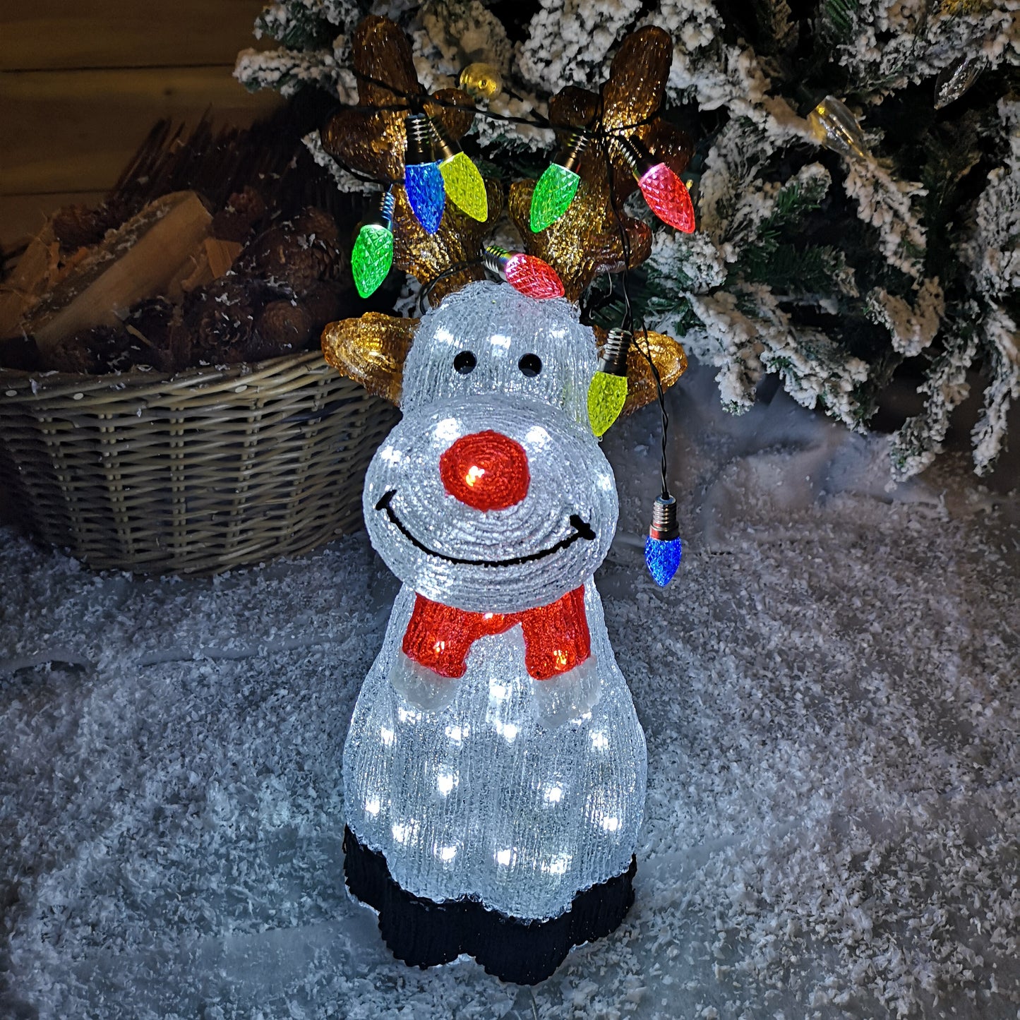 50cm Outdoor Acrylic Sitting Ice White Christmas Reindeer with Multi Coloured LED Lights on Antlers