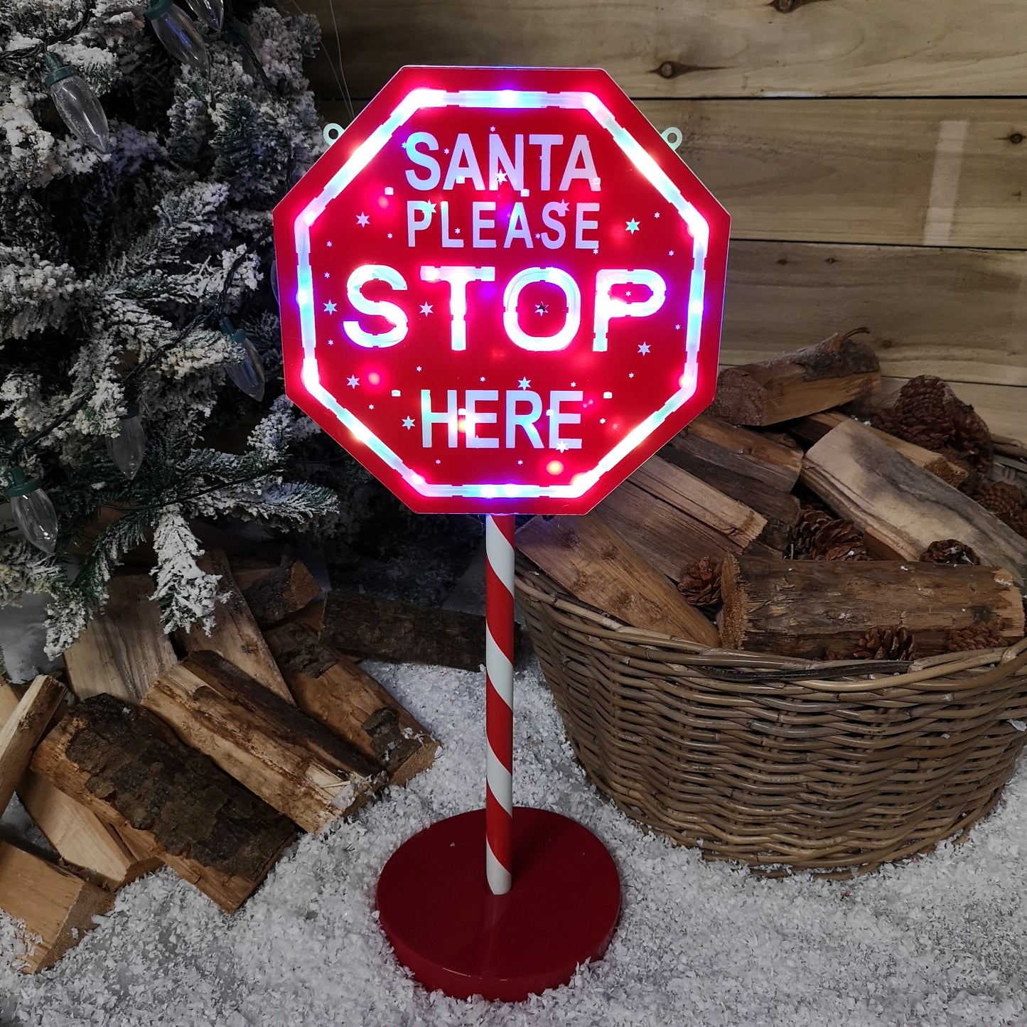 65cm Light Up Christmas Red and White Santa Stop Here Outdoor Sign with 45 Multi Colour LED