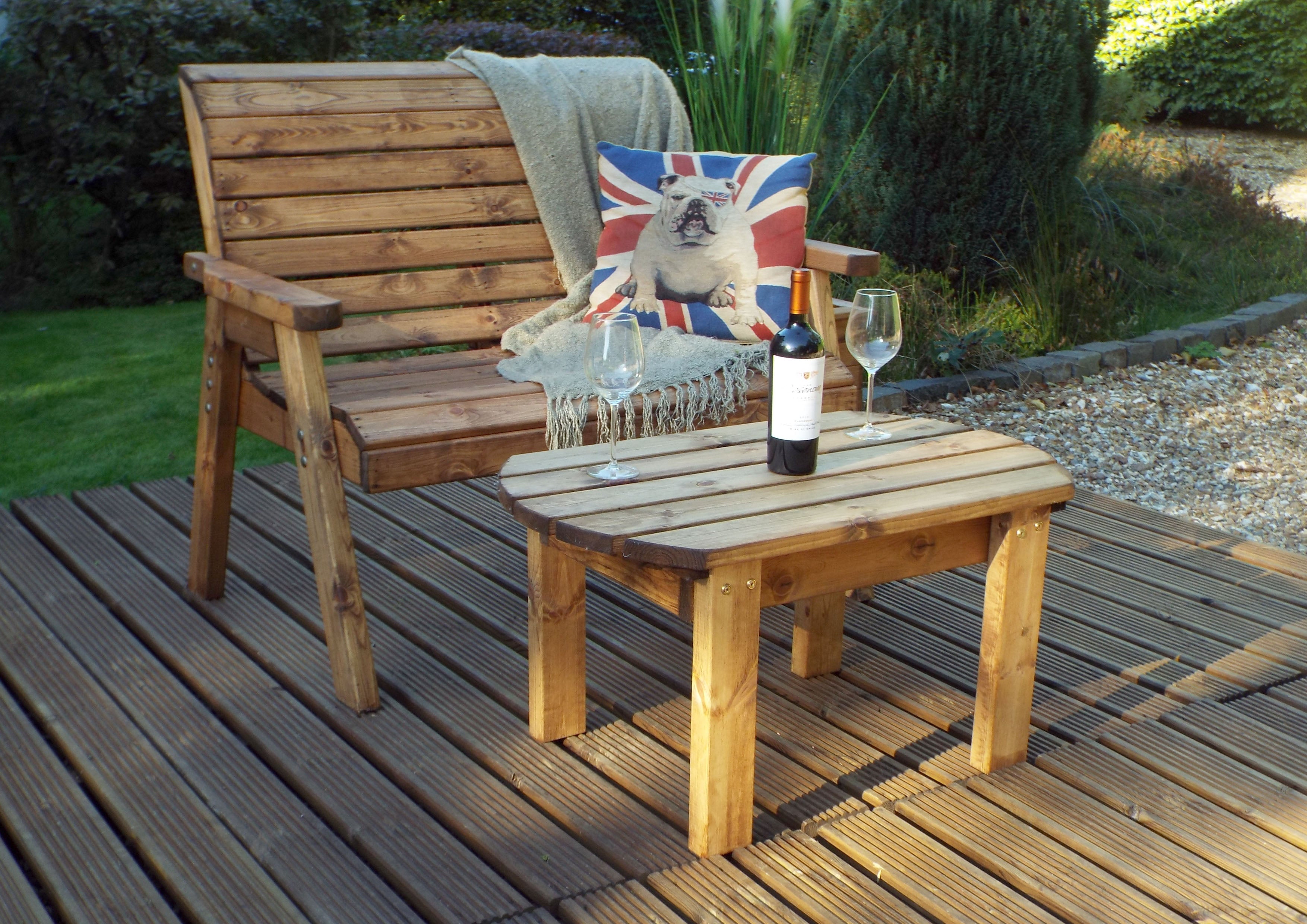 Hand Made 2 Seater Chunky Rustic Wooden Garden Furniture Bench With Coffee Table