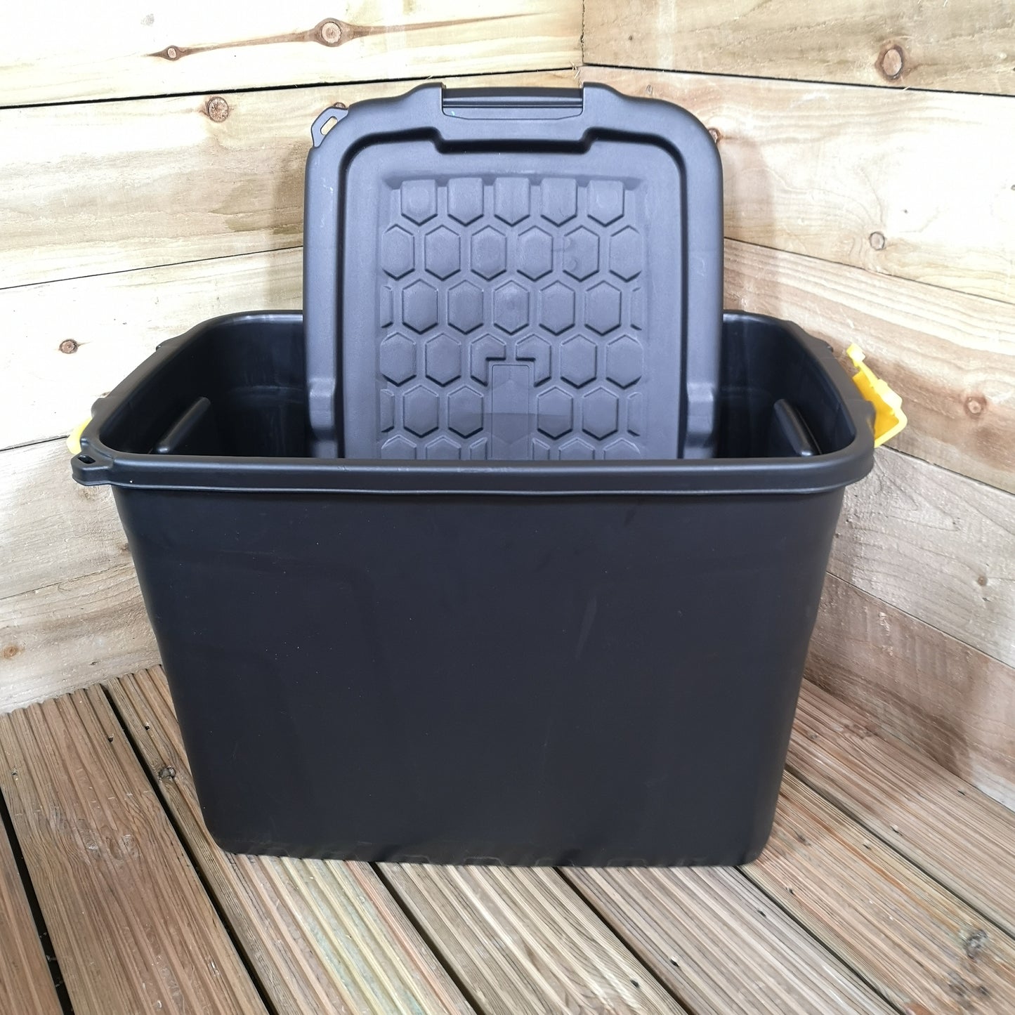 4 x 60L Heavy Duty Storage Tubs Sturdy, Lockable, Stackable and Nestable Design Storage Chests with Clips in Black