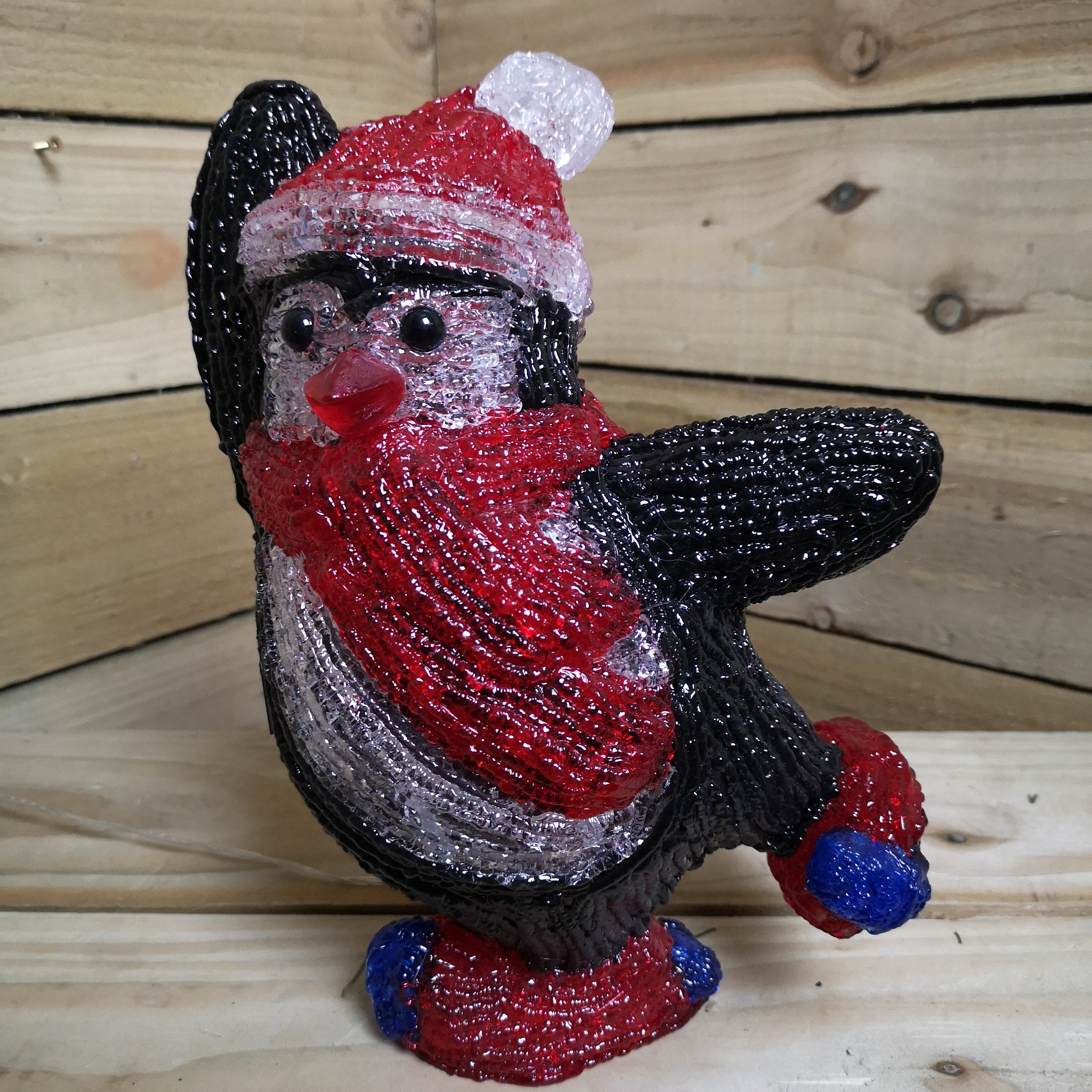 Snowtime 30cm Acrylic Christmas Penguin with Red Hat and Scarf - 30 Ice White LEDs