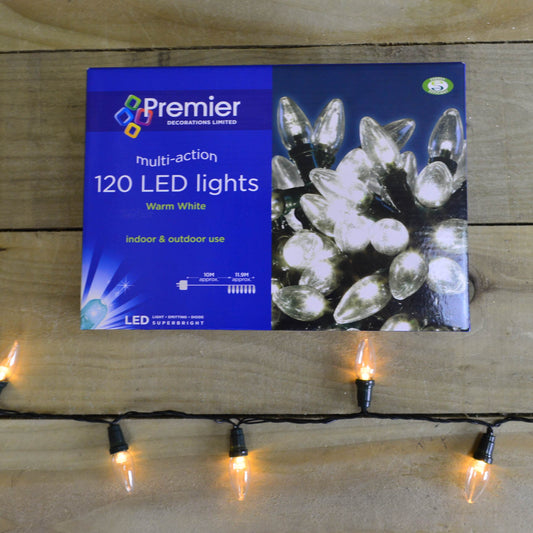 11.9m 120 LED Premier Christmas Lights - Multi Action C6 Bulb in Warm White