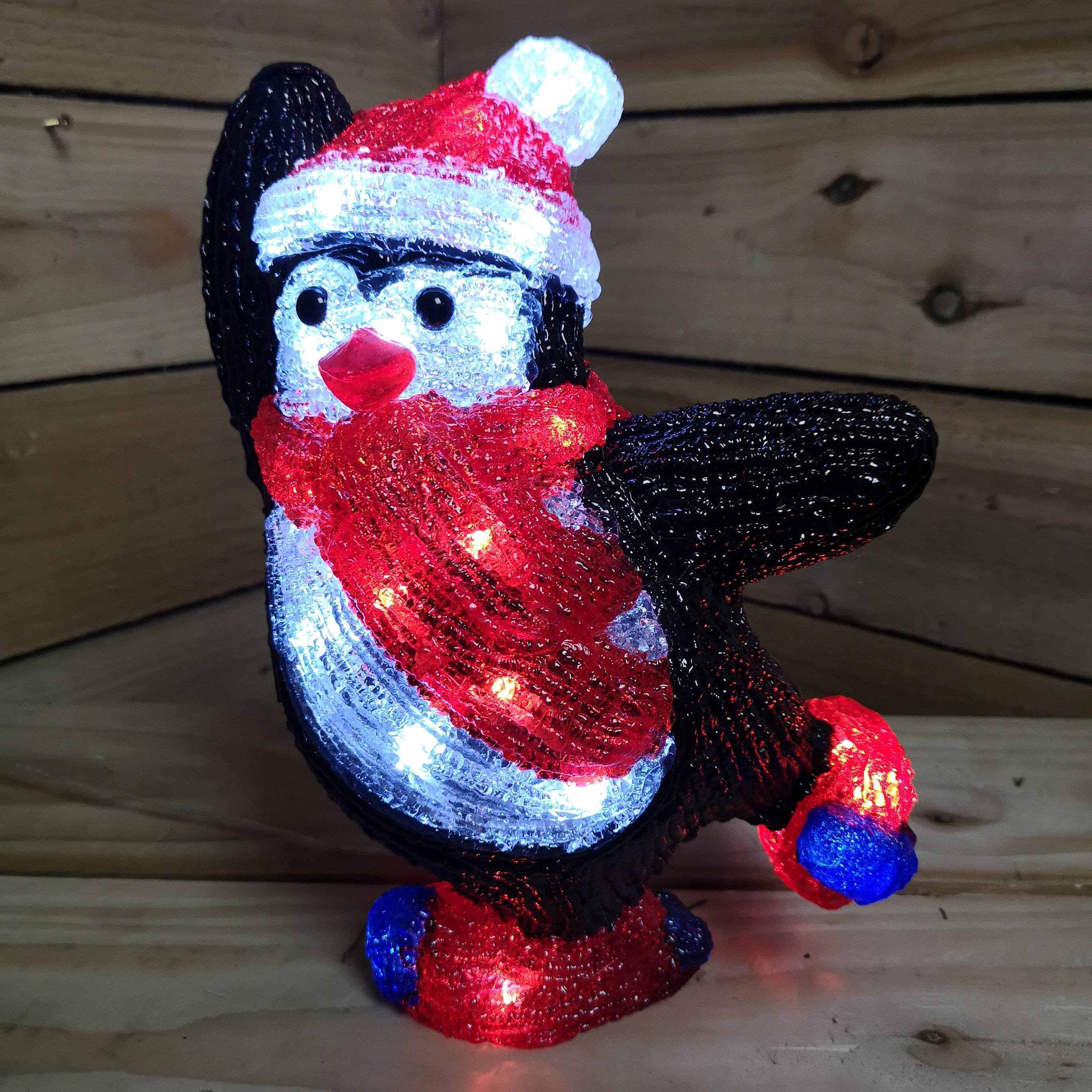 Snowtime 30cm Acrylic Christmas Penguin with Red Hat and Scarf - 30 Ice White LEDs