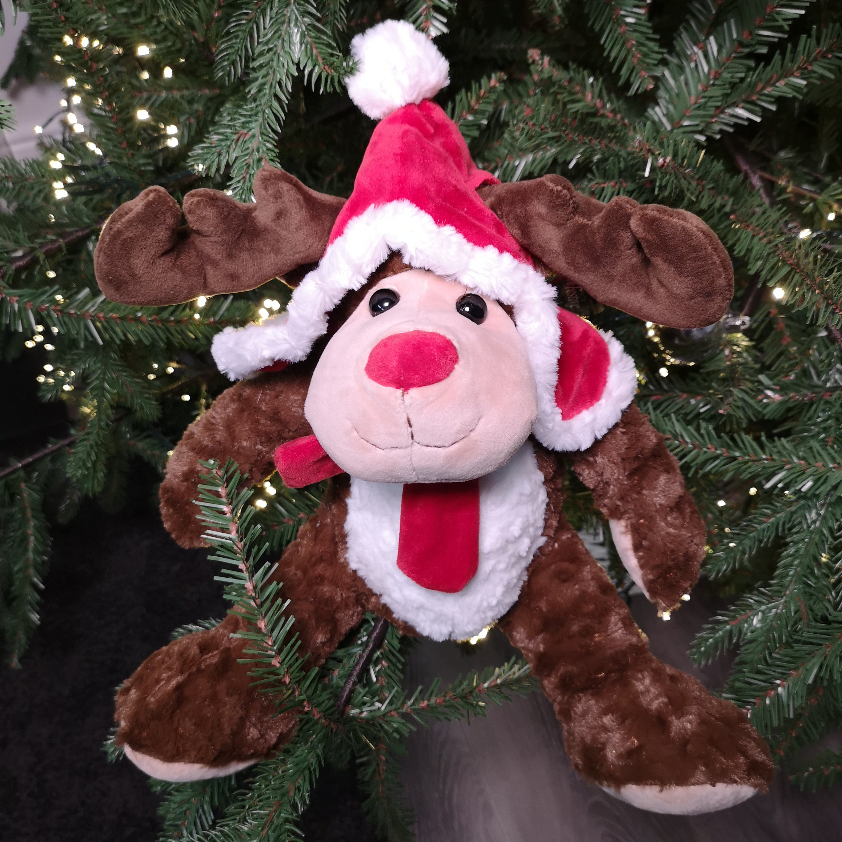 30cm Sitting Plush Christmas Reindeer with Red Hat & Scarf