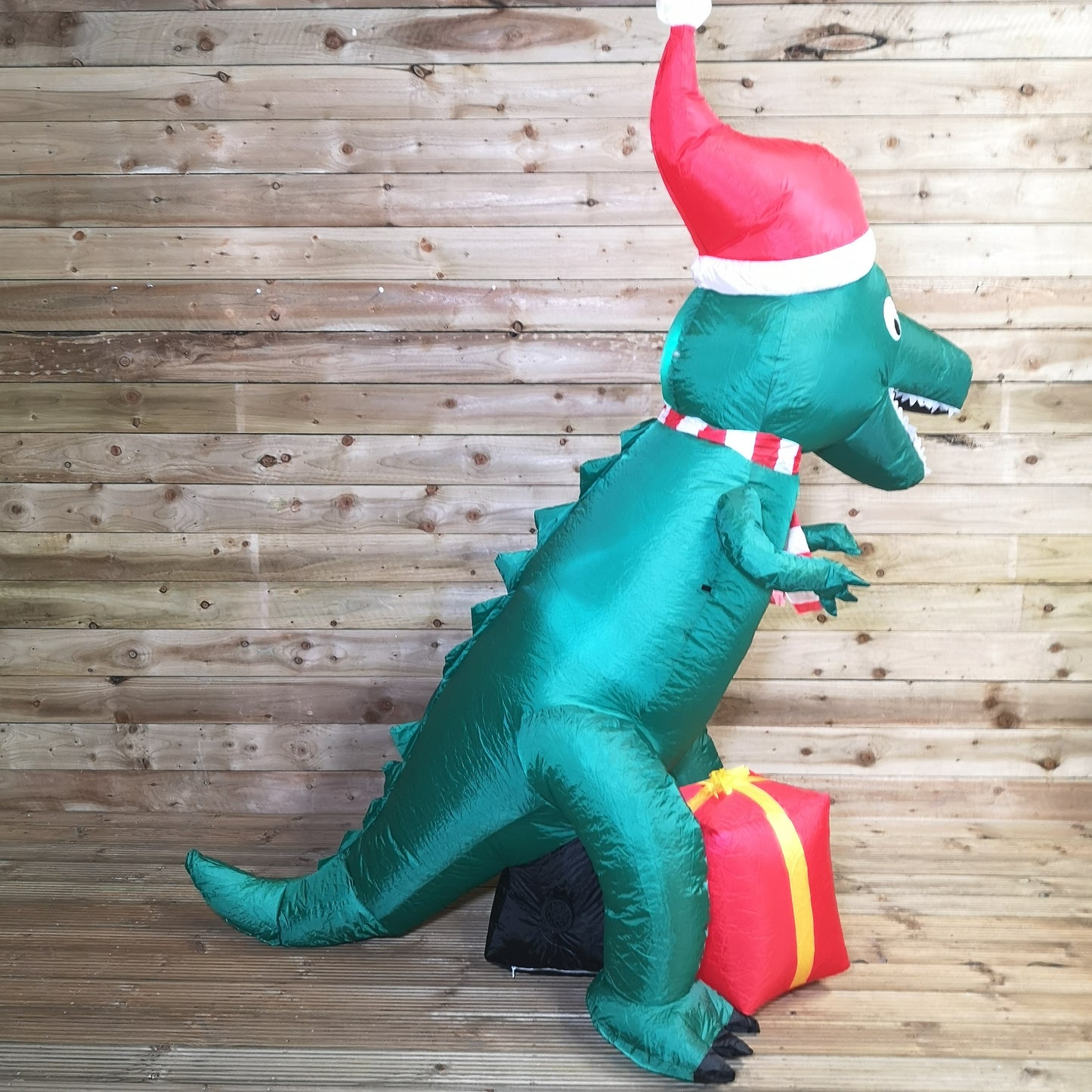 2.1m Premier Christmas Indoor Outdoor LED Inflatable T Rex Dinosaur in Santa Hat with Parcel