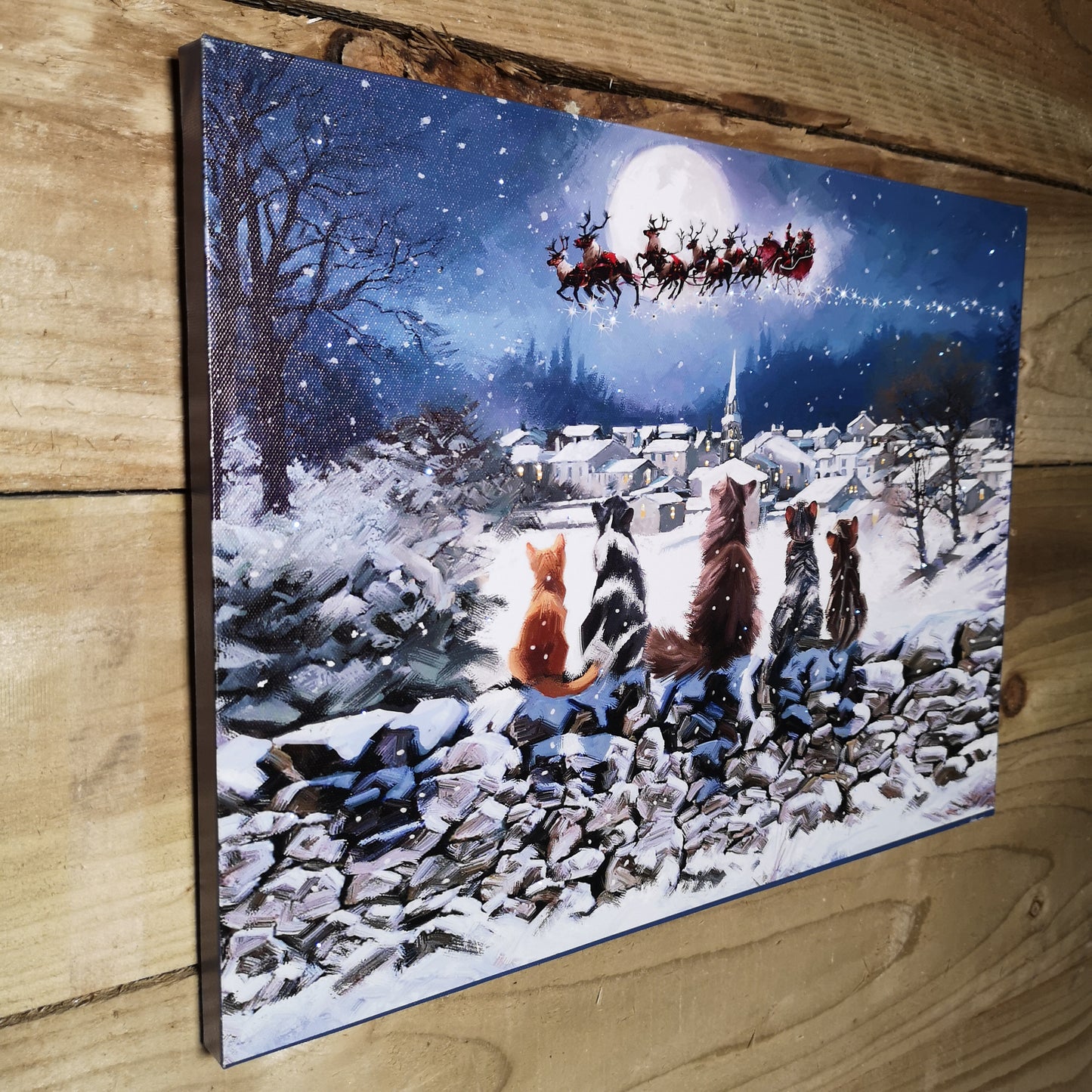 40cm x 30cm Snowtime Touch Operated Cats Christmas Fibre Optic Wall Canvas