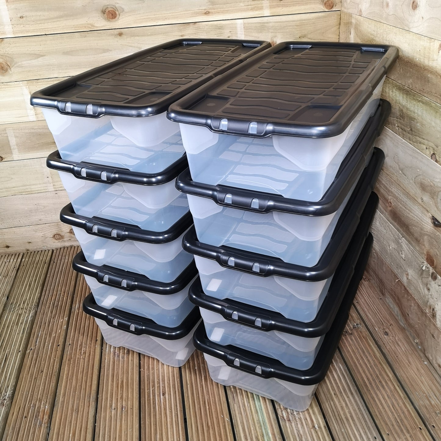 10 x 42L Clear Under Bed Storage Box with Black Lid, Stackable and Nestable Design Storage Solution