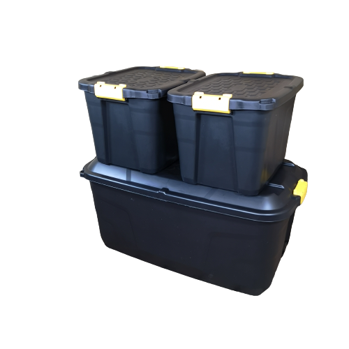 1 x 145L AND 2 x 60L Heavy Duty Trunks 1 on Wheels Sturdy, Lockable, Stackable and Nestable Design Storage Chest with Clips in Black