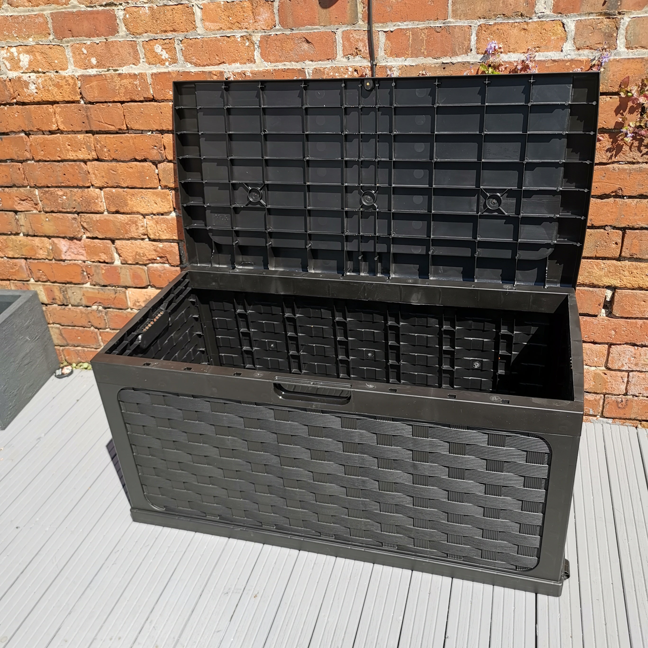 335 Litre Rattan Style Garden Cushion Storage Box with Sit on Lid – Black