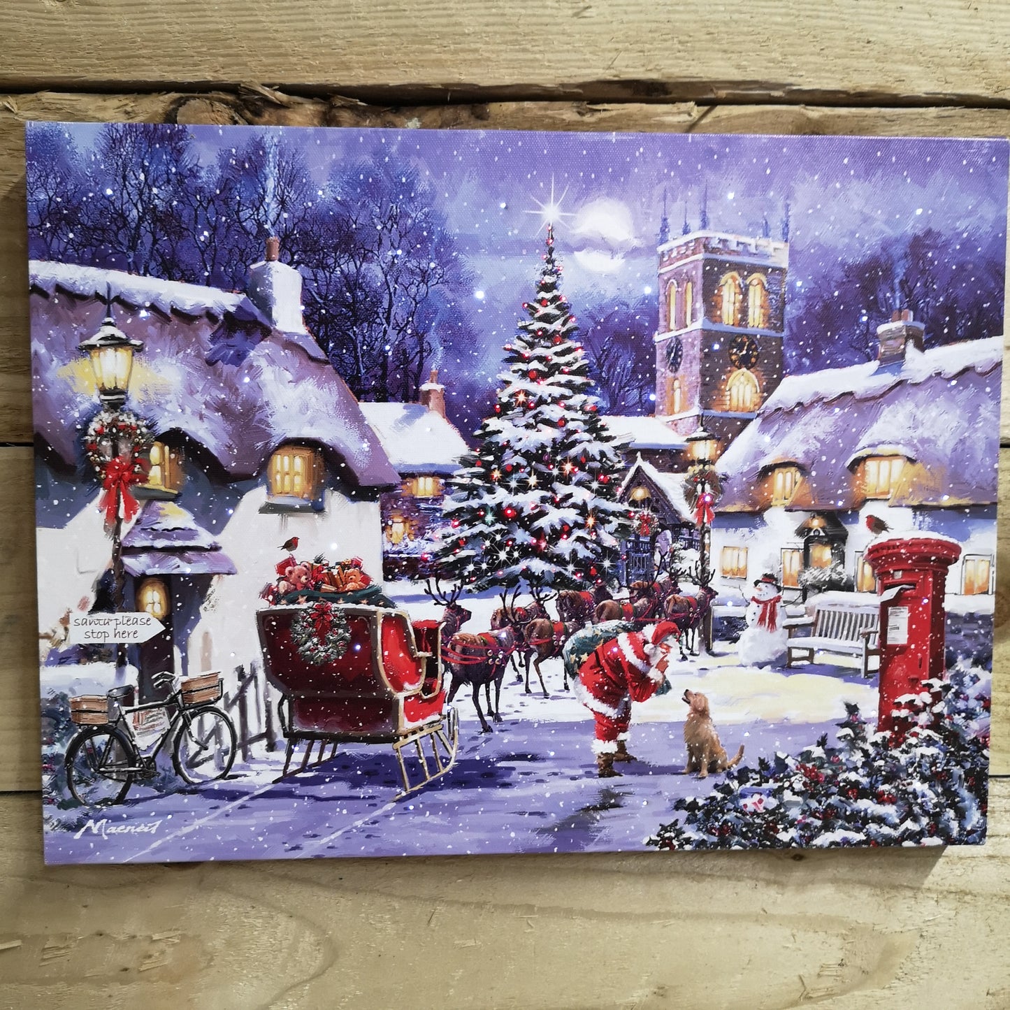 40 x 30cm Snowtime Touch Operated Santa And Village Christmas Fibre Optic Wall Canvas