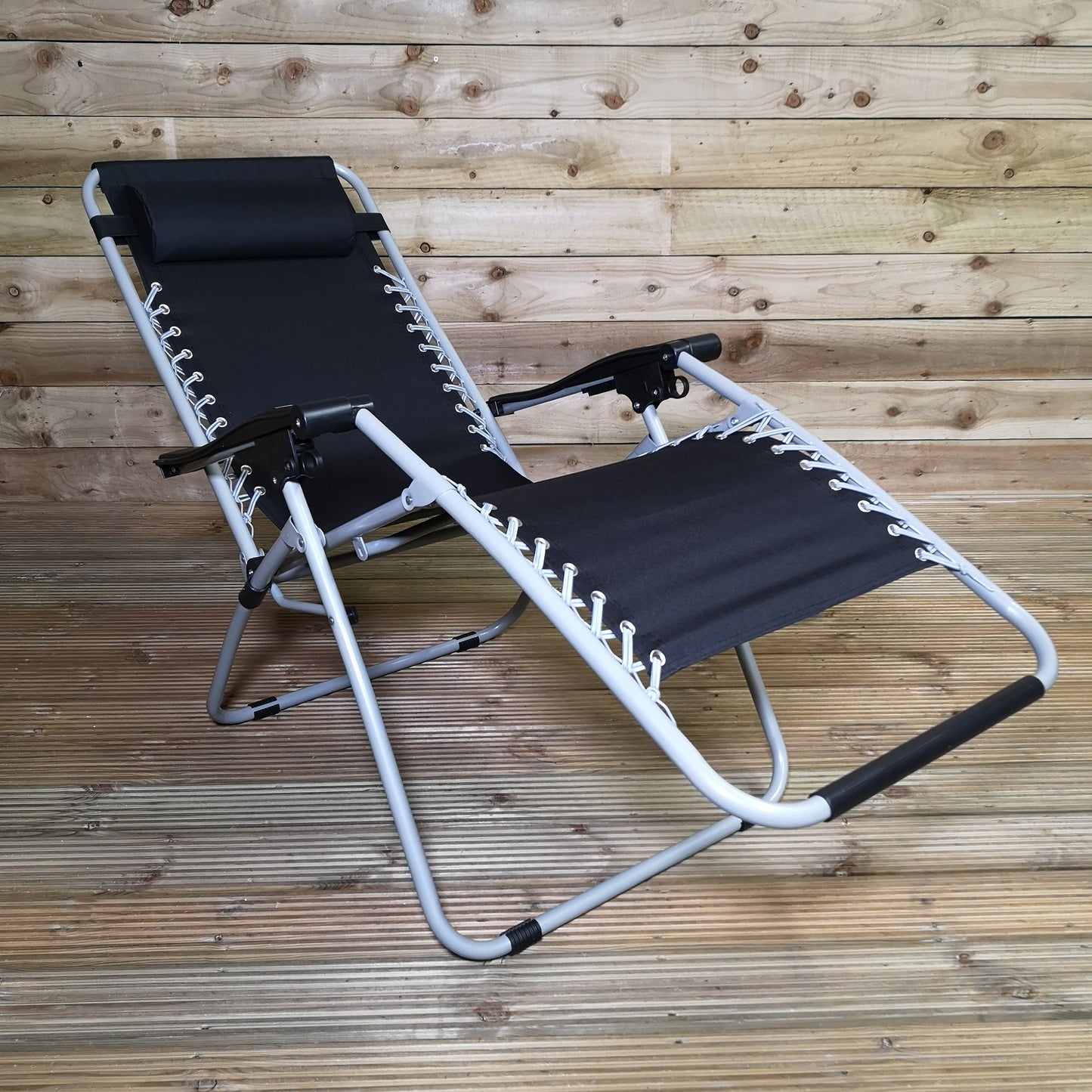 Pair of Multi Position Garden Gravity Relaxer Chair / Sun Lounger - BLACK/SILVER