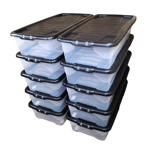 10 x 42L Clear Under Bed Storage Box with Black Lid, Stackable and Nestable Design Storage Solution