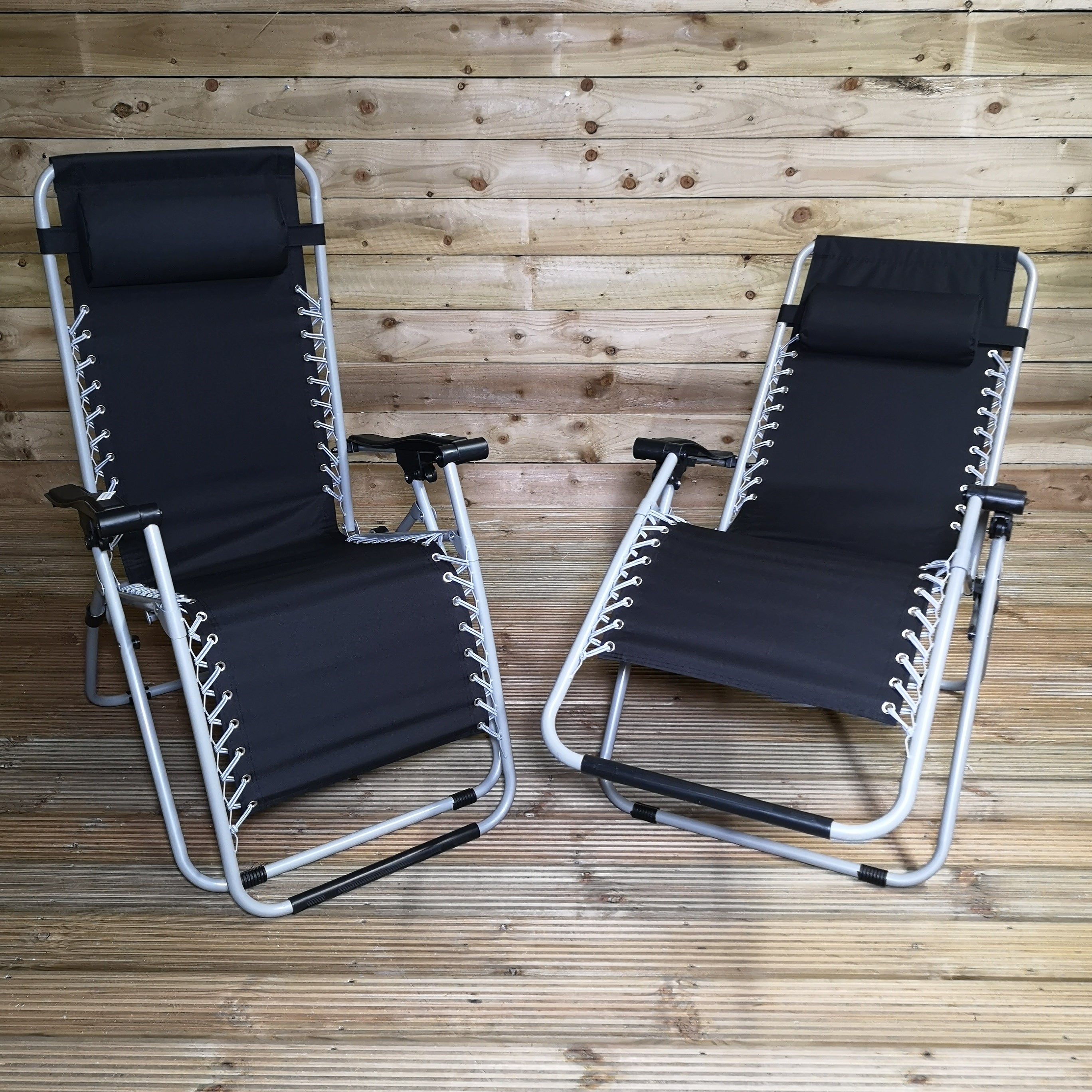 Pair of Multi Position Garden Gravity Relaxer Chair / Sun Lounger - BLACK/SILVER