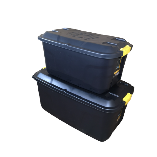 1 x 145L AND 1 x 75L Heavy Duty Trunks on Wheels Sturdy, Lockable, Stackable and Nestable Design Storage Chest with Clips in Black