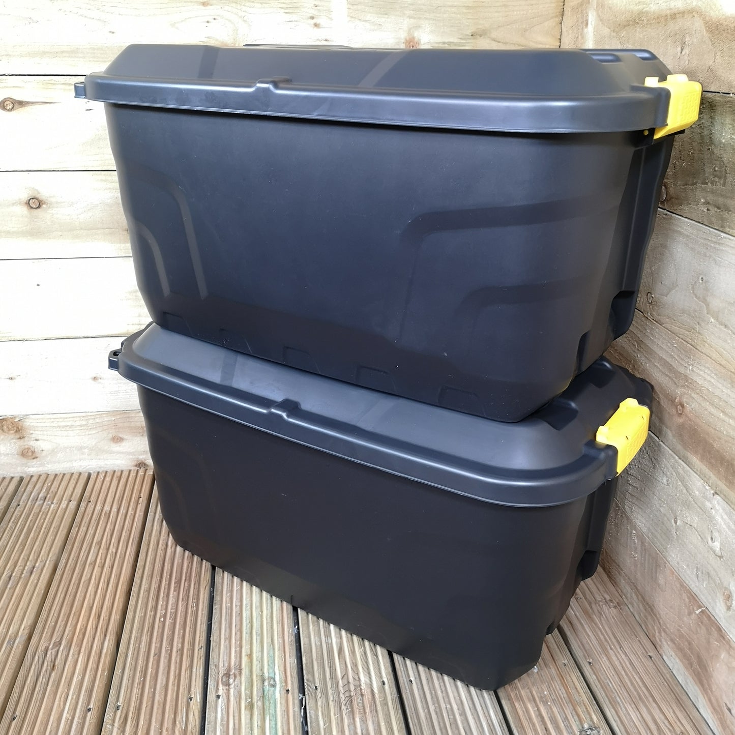 2 x 75L Heavy Duty Trunks on Wheels Sturdy, Lockable, Stackable and Nestable Design Storage Chest with Clips in Black