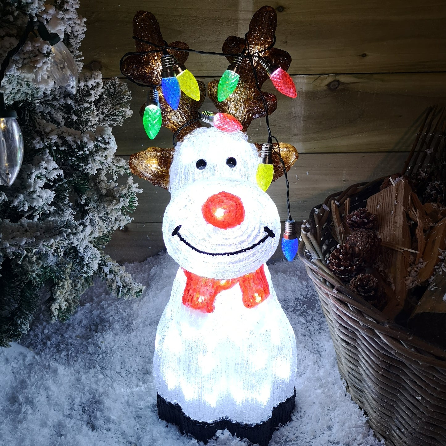 50cm Outdoor Acrylic Sitting Ice White Christmas Reindeer with Multi Coloured LED Lights on Antlers