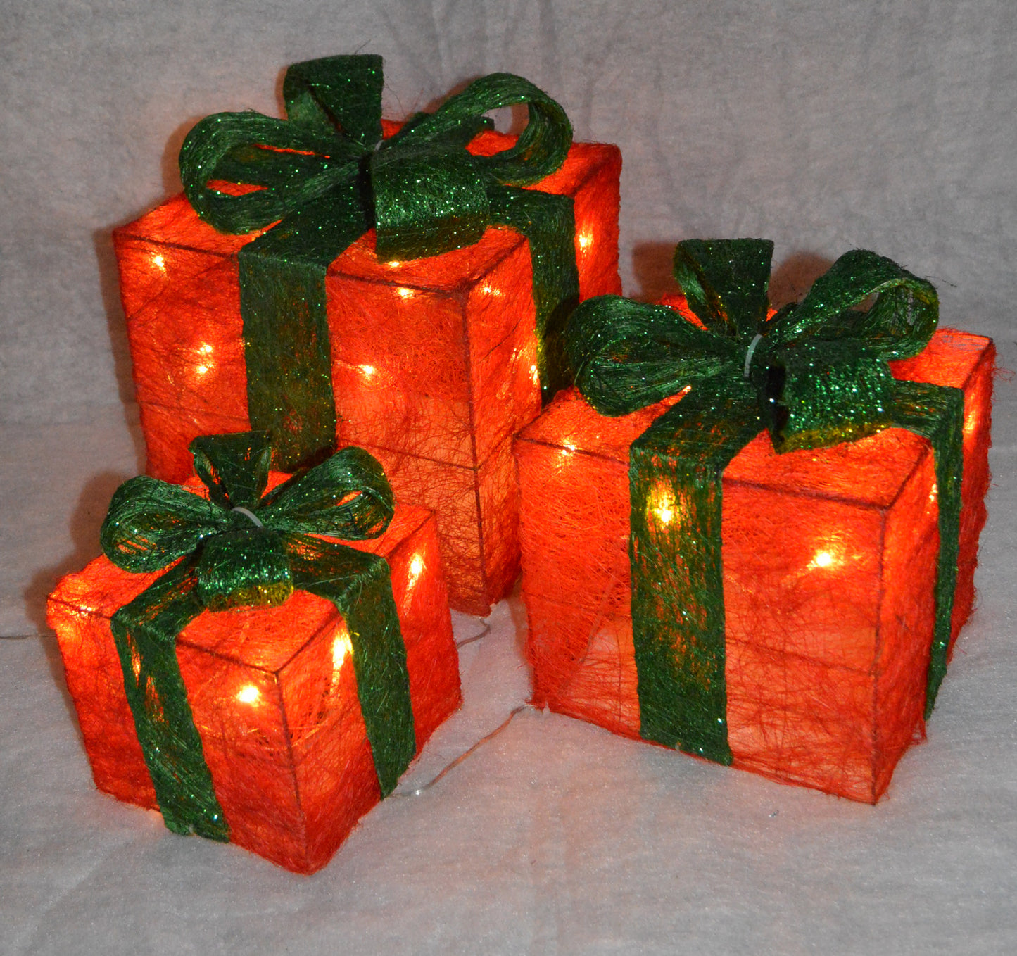 Premier Christmas Set of 3 Glitter Parcels in Red with Green Bow & LED Lights Mains Operated