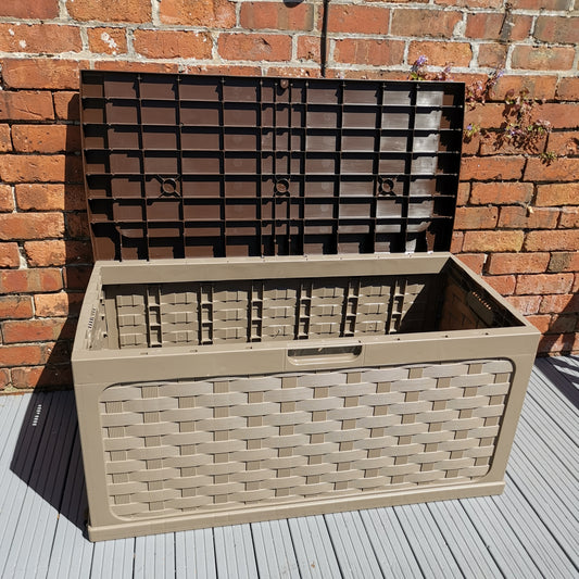 335 Litre Rattan Style Garden Cushion Storage Box with Sit on Lid – Dark Brown