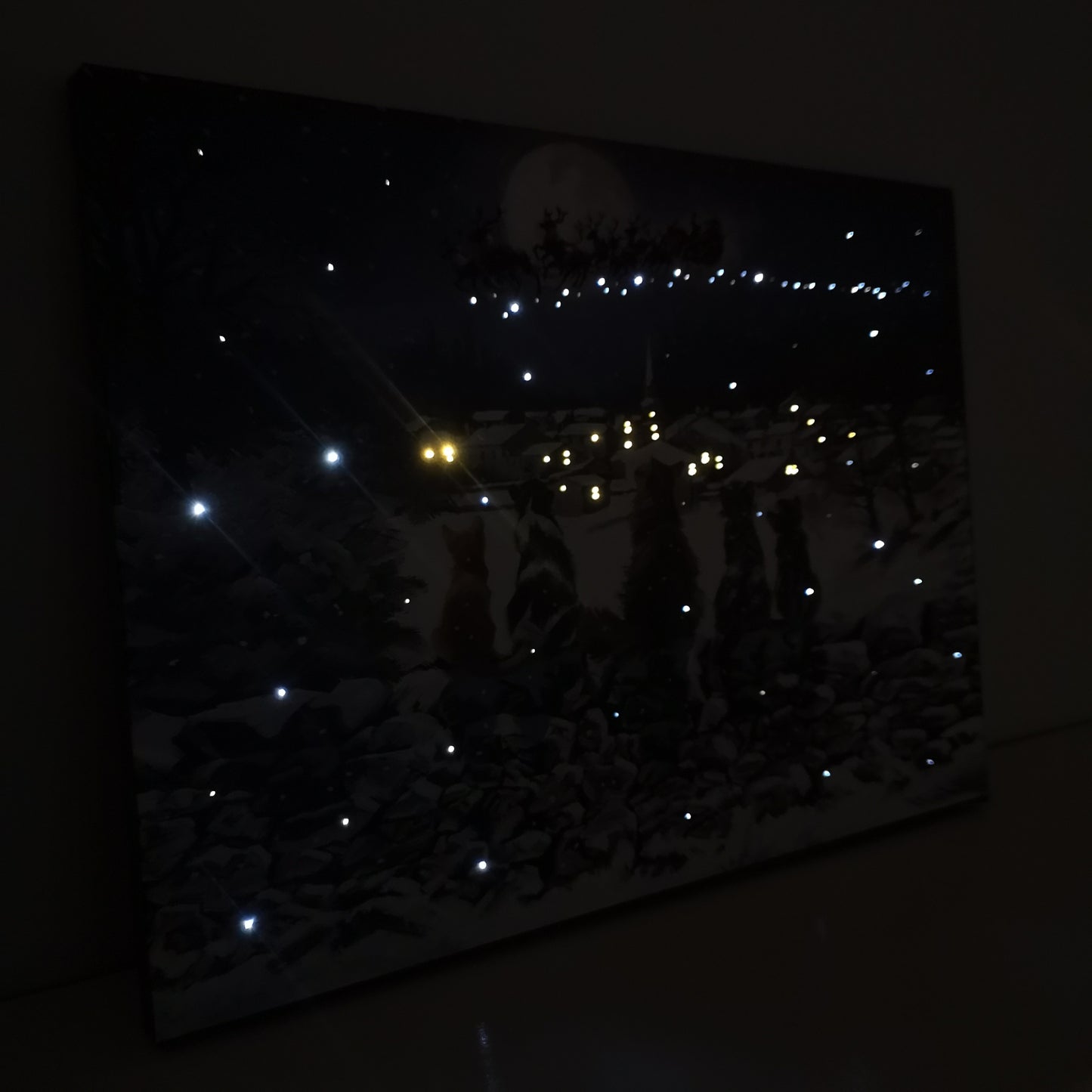 40cm x 30cm Snowtime Touch Operated Cats Christmas Fibre Optic Wall Canvas