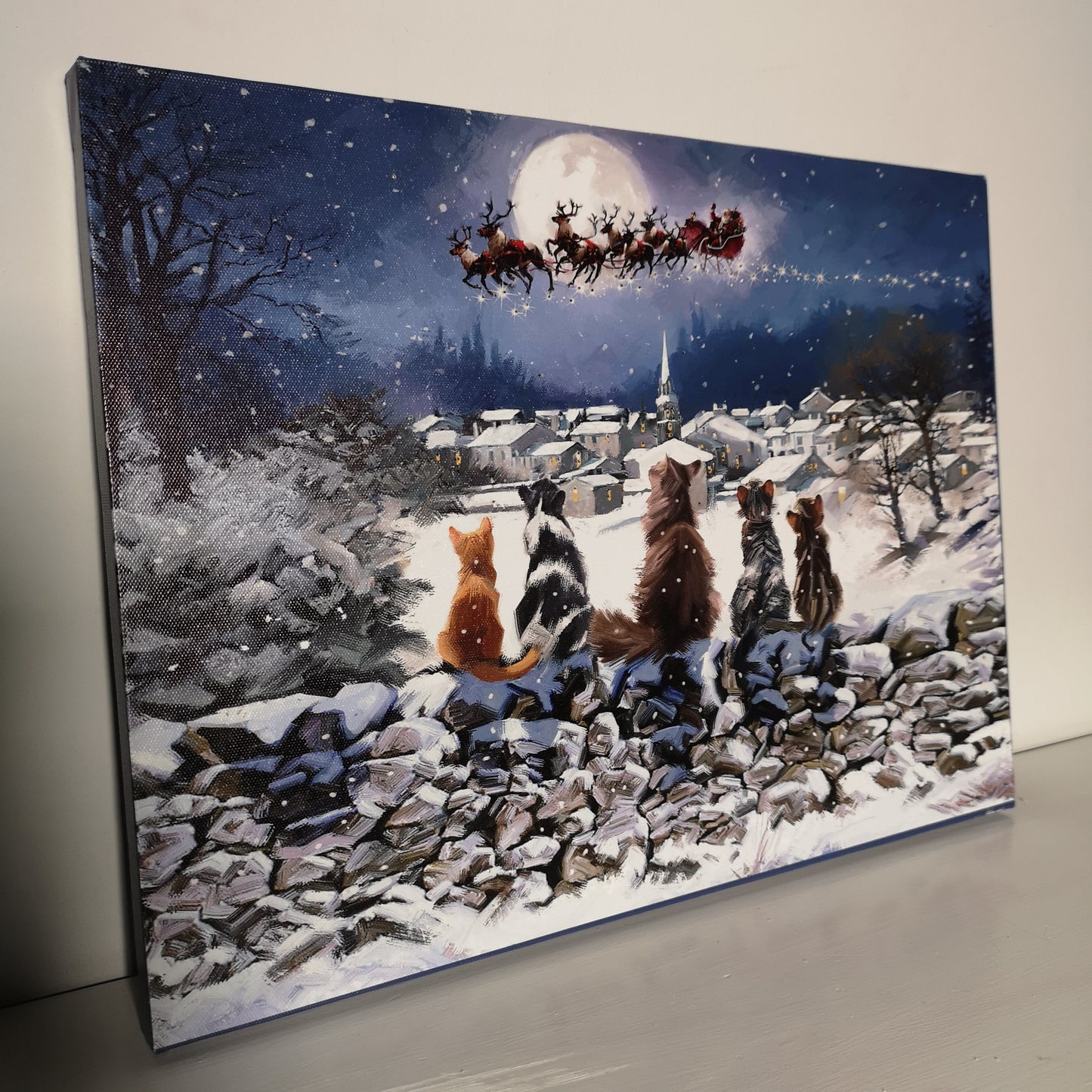 40cm x 30cm Snowtime Touch Operated Cats Christmas Fibre Optic Wall Canvas