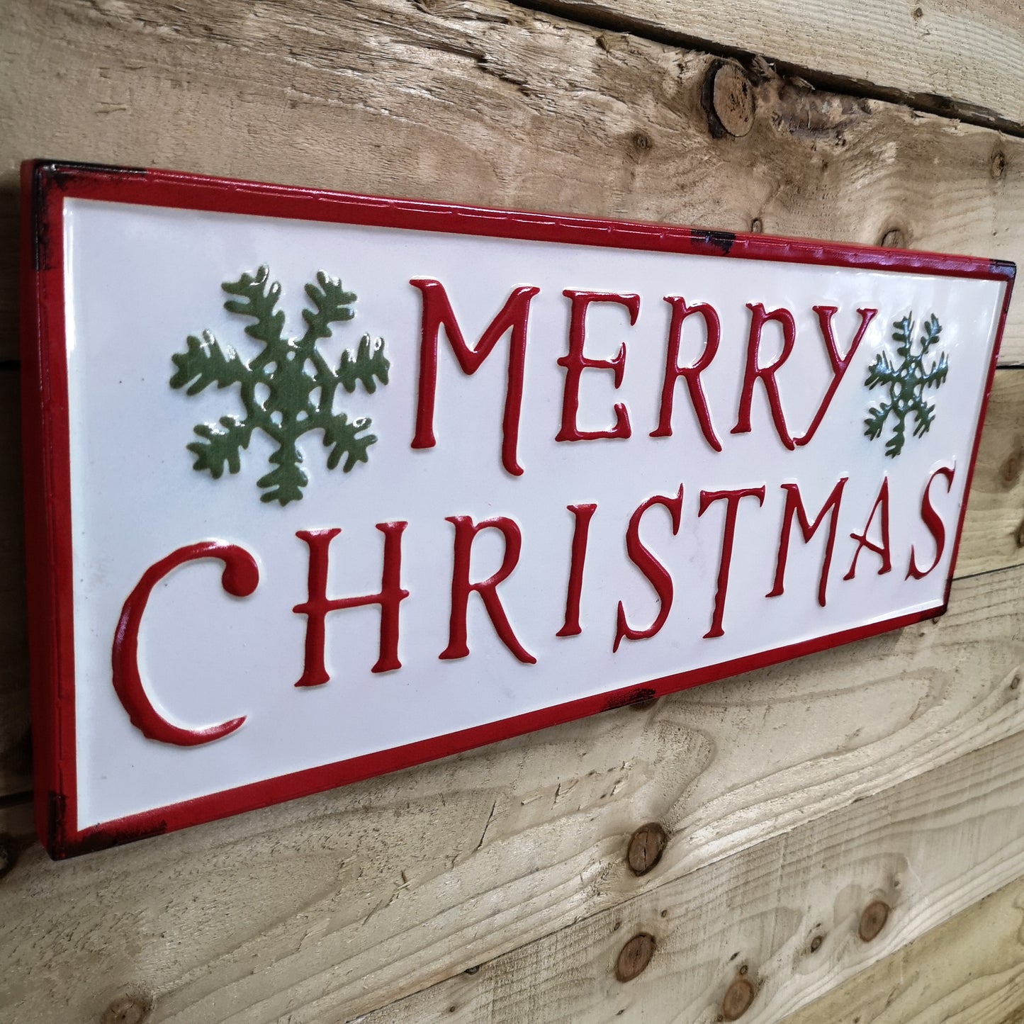 57cm Merry Christmas Metal Sign with Snowflake in Red White and Green