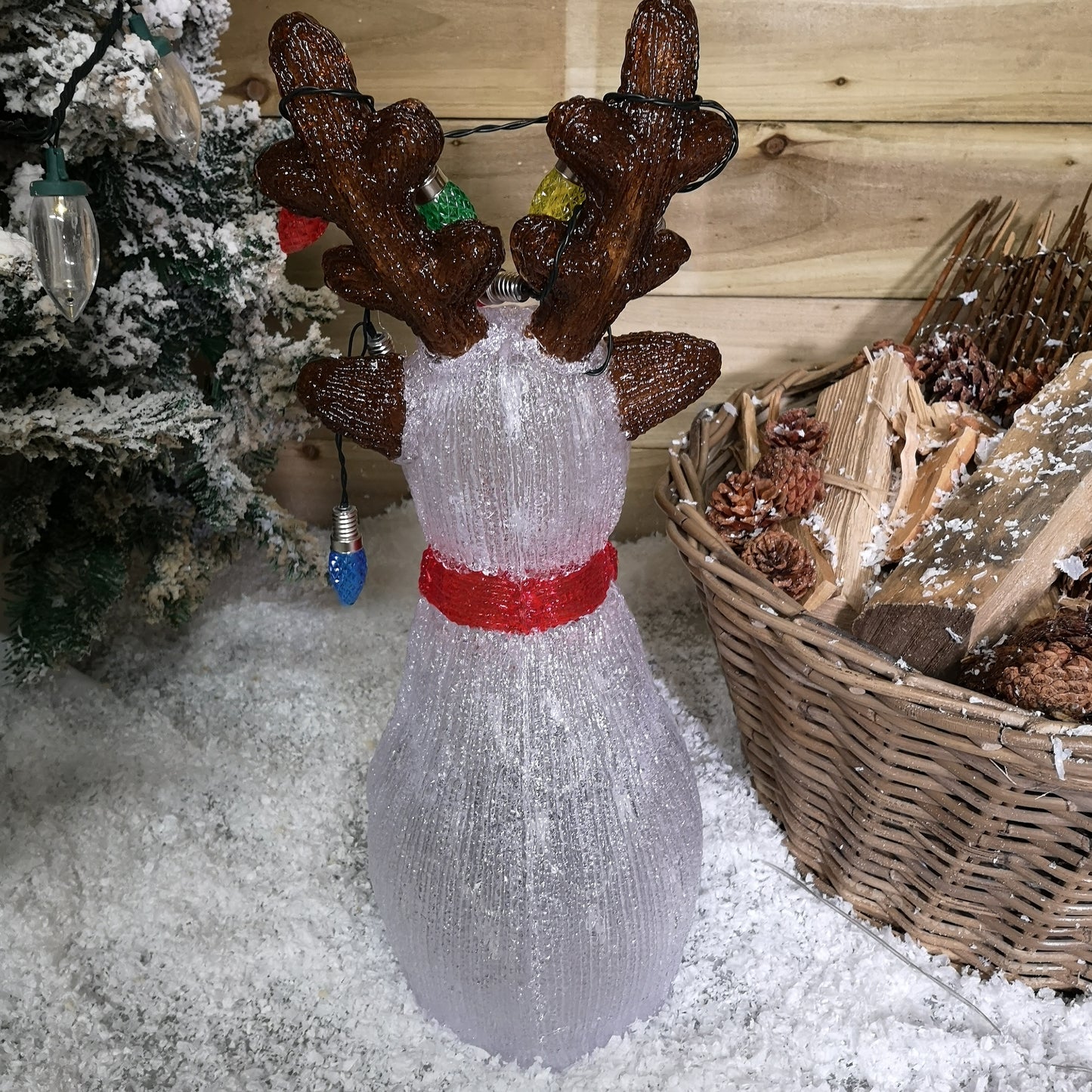 50cm Outdoor Acrylic Sitting Ice White Christmas Reindeer with Multi Coloured LED Lights on Antlers