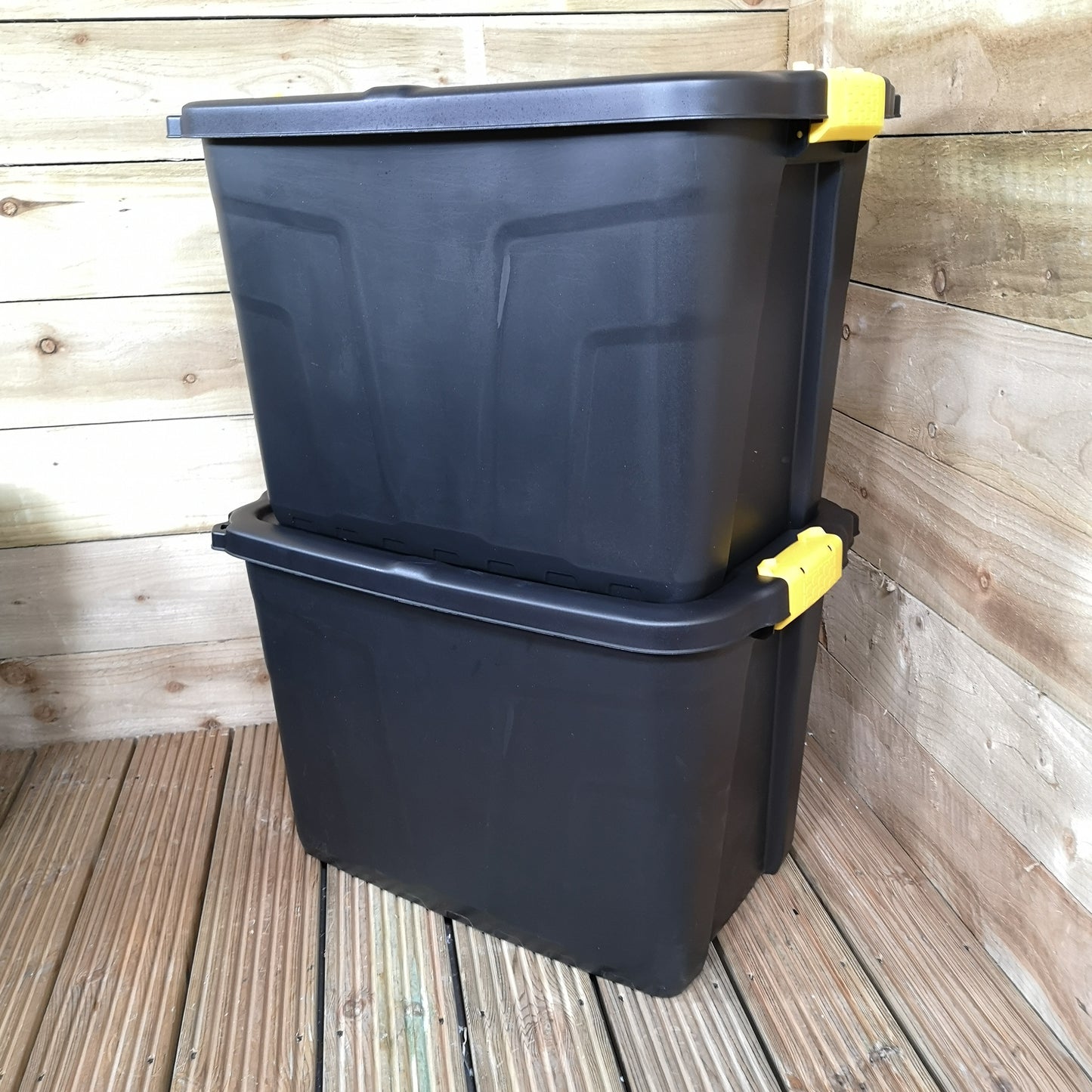 2 x 60L Heavy Duty Storage Tubs Sturdy, Lockable, Stackable and Nestable Design Storage Chests with Clips in Black