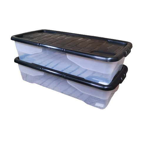 2 x 42L Clear Under Bed Storage Box with Black Lid, Stackable and Nestable Design Storage Solution