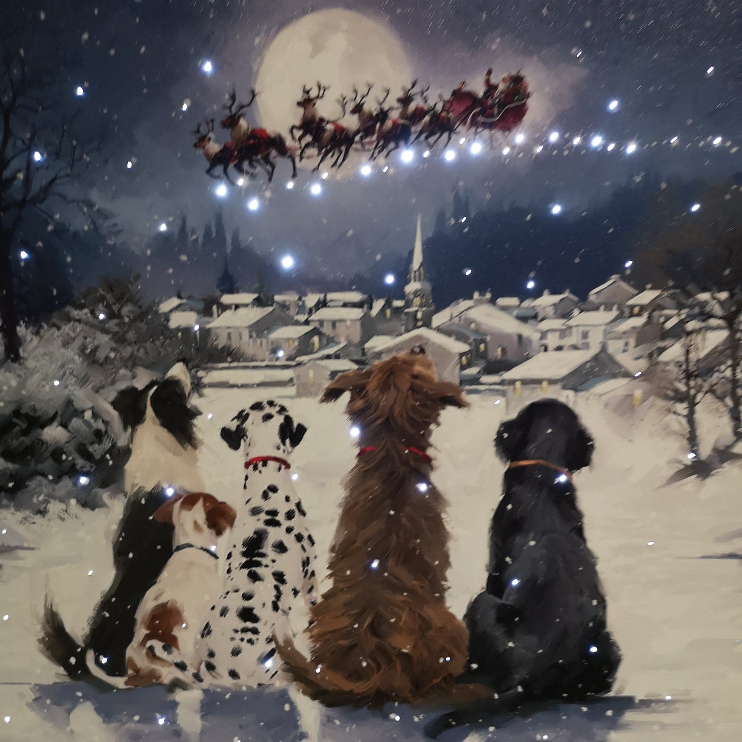 40 x 30cm Snowtime Touch Operated Christmas Dogs Fibre Optic Wall Canvas