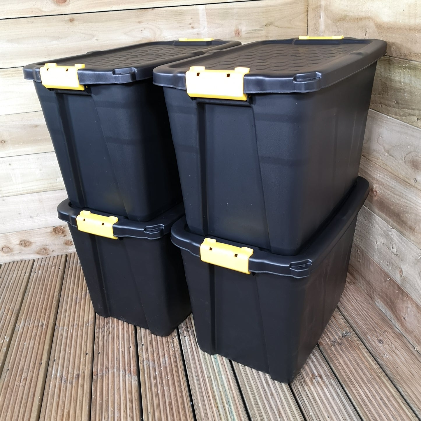 4 x 60L Heavy Duty Storage Tubs Sturdy, Lockable, Stackable and Nestable Design Storage Chests with Clips in Black