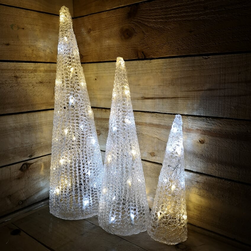 Snowtime Set of 3 Ice & Warm White Coloured Flashing LED Christmas Pyramids