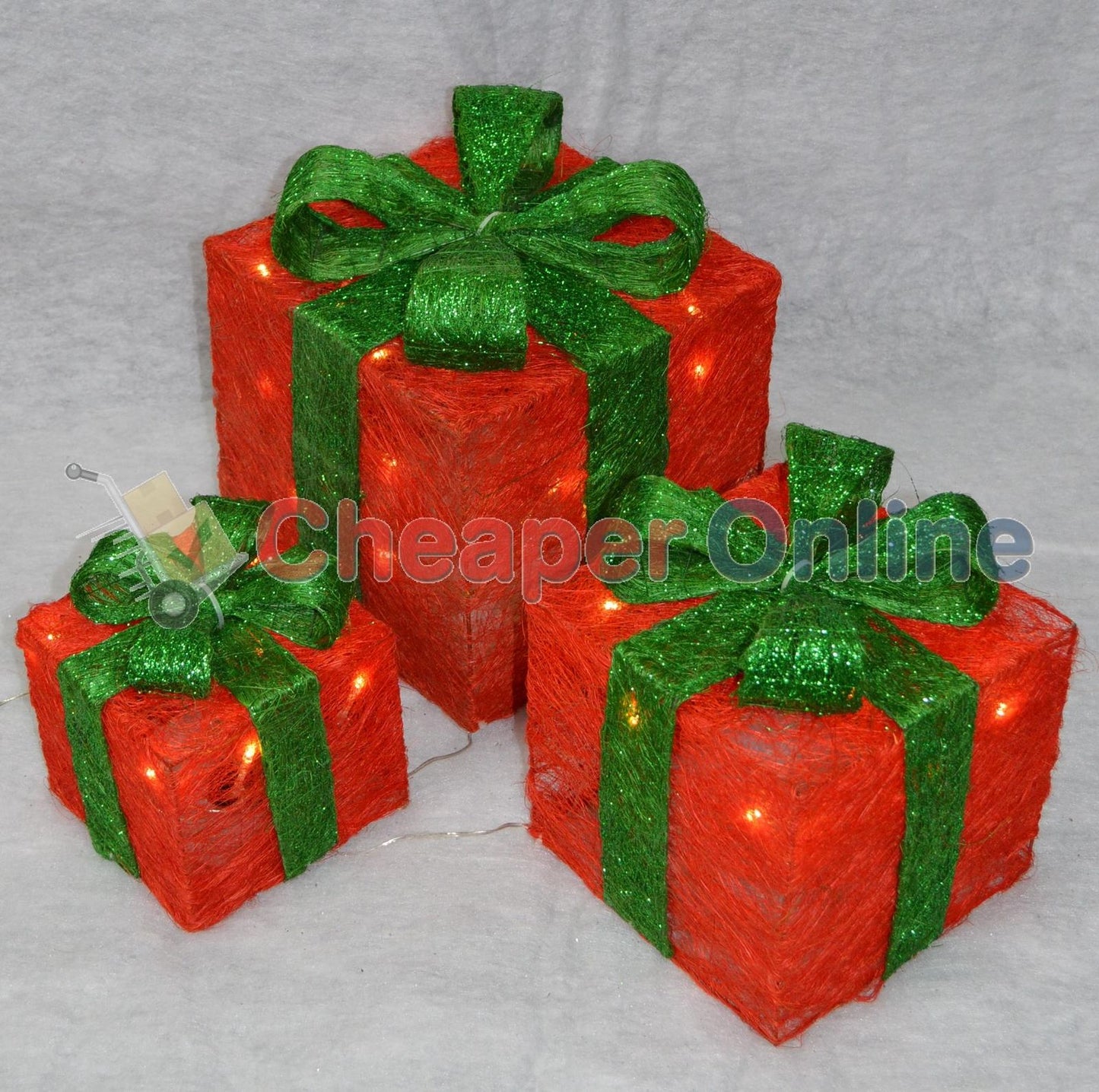 Premier Christmas Set of 3 Glitter Parcels in Red with Green Bow & LED Lights Mains Operated