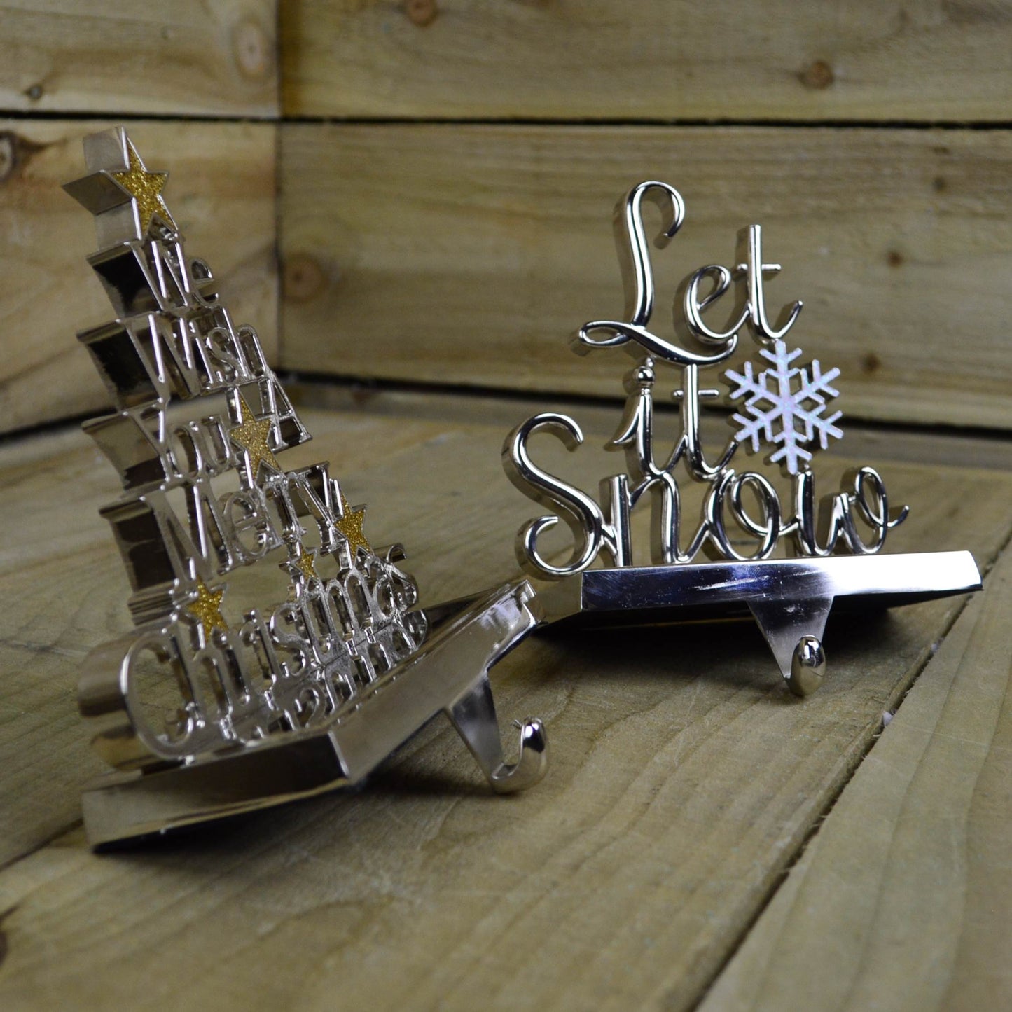 22cm Silver Christmas Stocking Hanger -Let it Snow/We Wish you a Merry Christmas