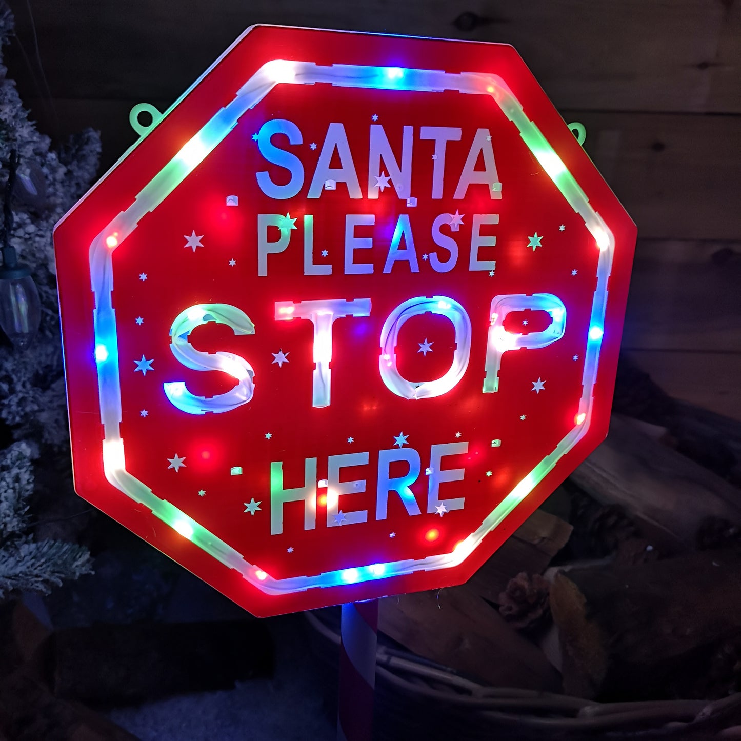 65cm Light Up Christmas Red and White Santa Stop Here Outdoor Sign with 45 Multi Colour LED