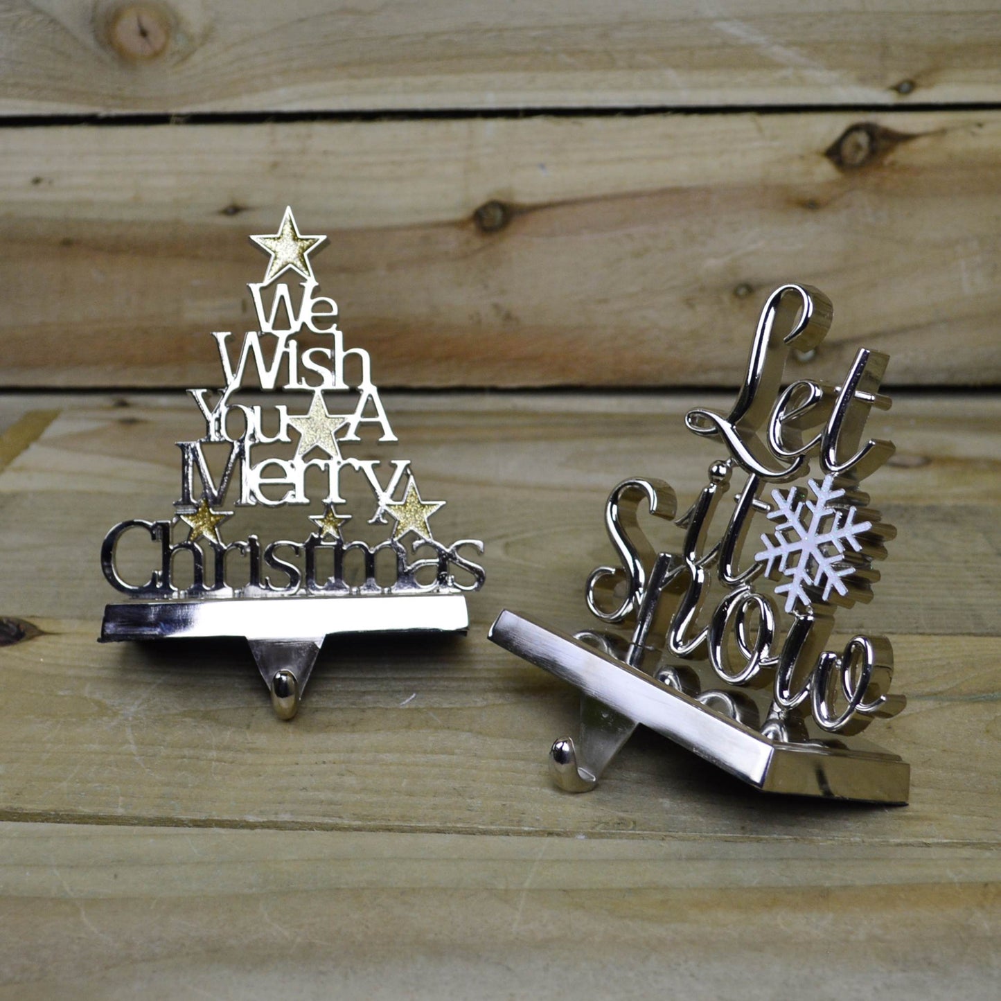 22cm Silver Christmas Stocking Hanger -Let it Snow/We Wish you a Merry Christmas