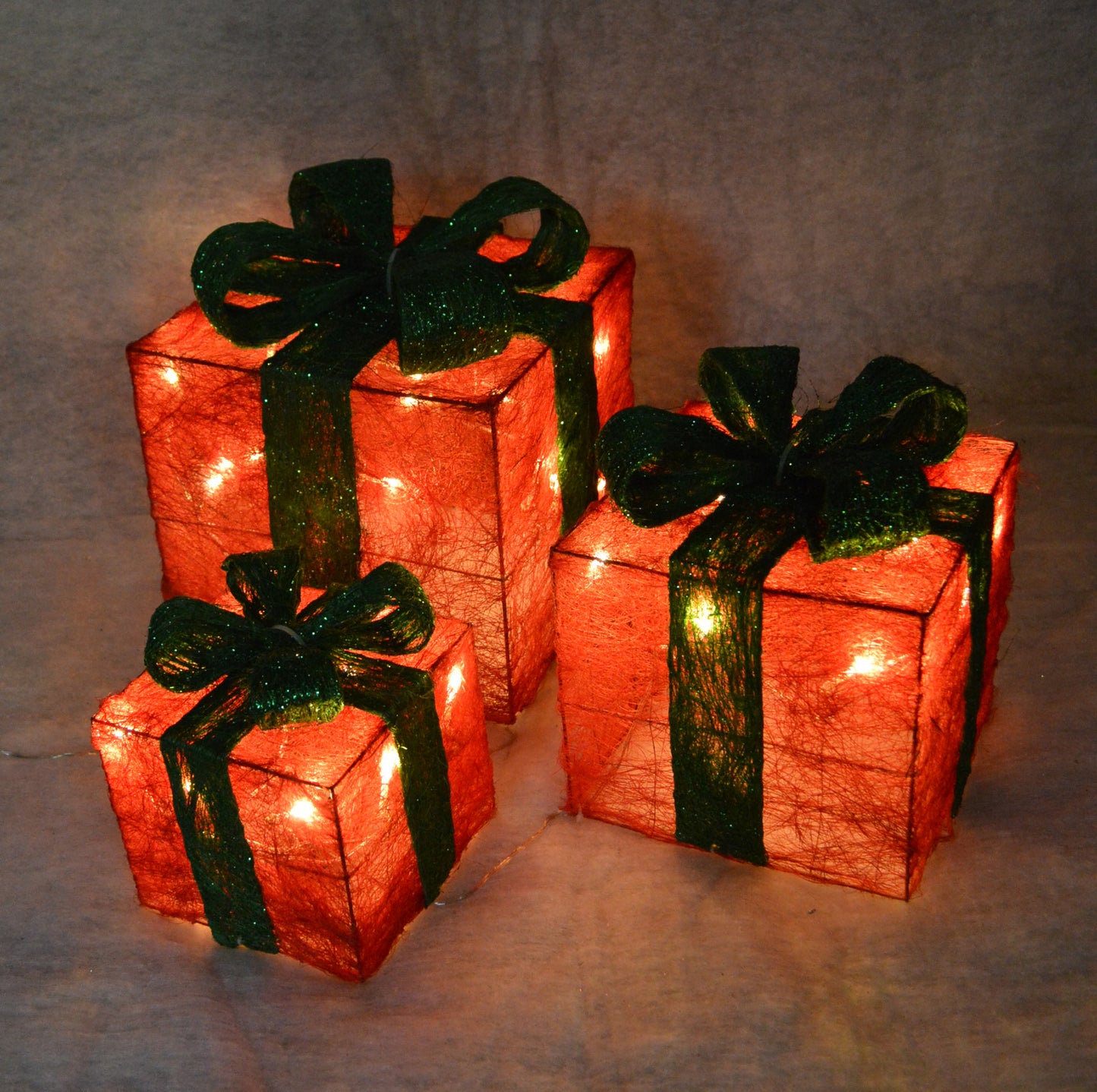 Premier Christmas Set of 3 Glitter Parcels in Red with Green Bow & LED Lights Mains Operated