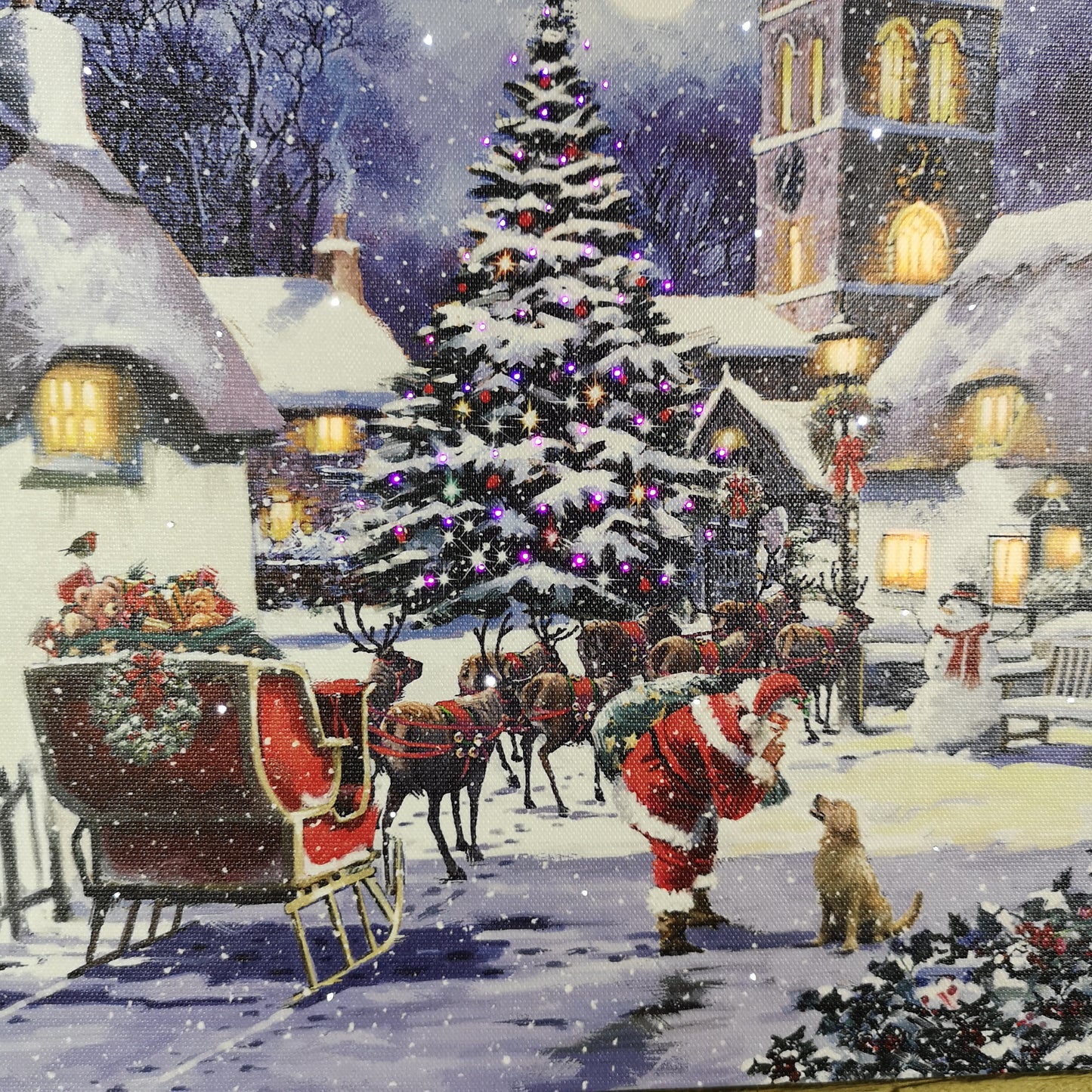 40 x 30cm Snowtime Touch Operated Santa And Village Christmas Fibre Optic Wall Canvas