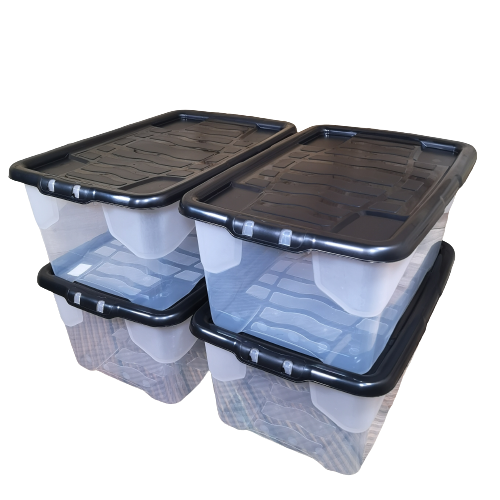 4 x 42L Clear Storage Box with Black Lid, Stackable and Nestable Design Storage Solution