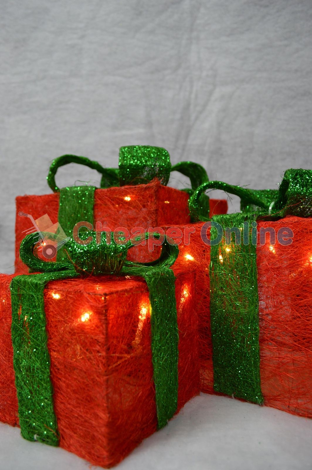 Premier Christmas Set of 3 Glitter Parcels in Red with Green Bow & LED Lights Mains Operated