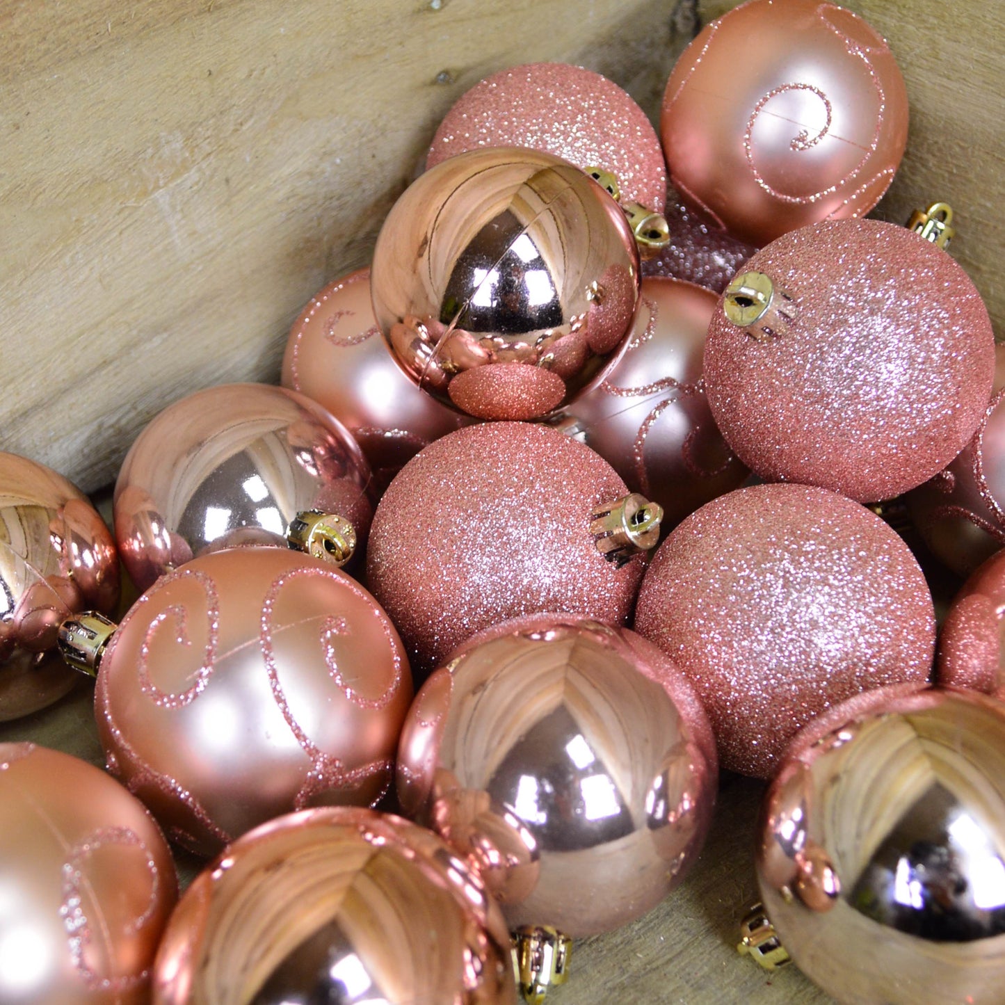 24 Pack 6cm Christmas Tree Baubles 4 Mixed Designs - Rose Gold / Pink