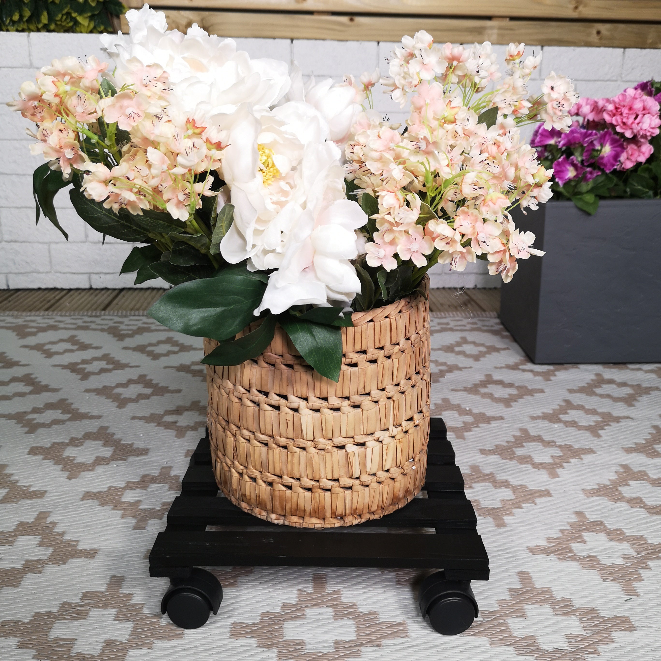 28cm Black Square Wooden Garden Plant Pot Flower Trolley Stand On Wheels