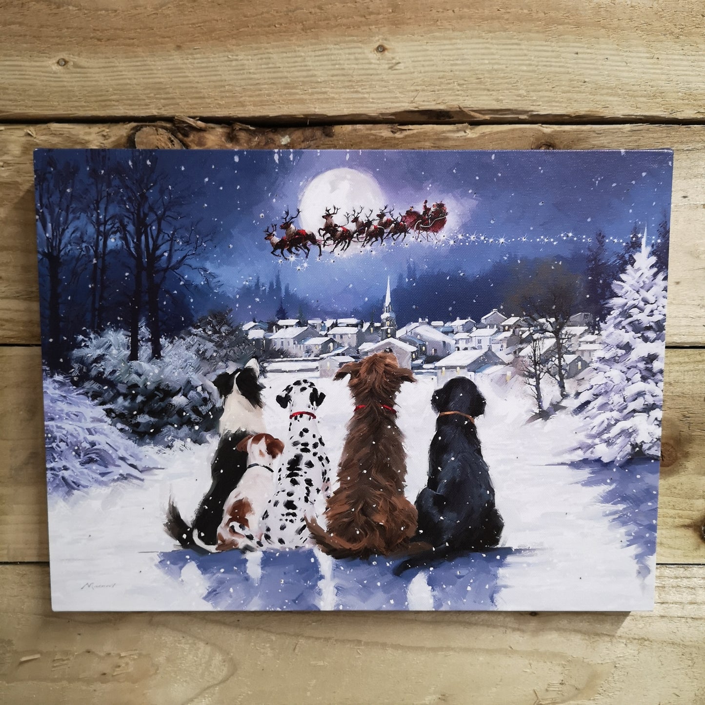 40 x 30cm Snowtime Touch Operated Christmas Dogs Fibre Optic Wall Canvas