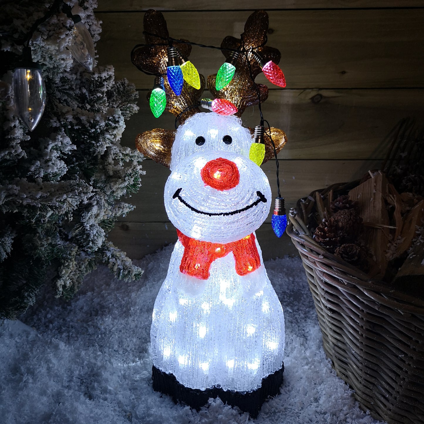 50cm Outdoor Acrylic Sitting Ice White Christmas Reindeer with Multi Coloured LED Lights on Antlers