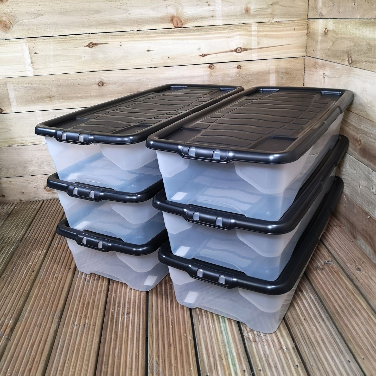 6 x 42L Clear Under Bed Storage Box with Black Lid, Stackable and Nestable Design Storage Solution