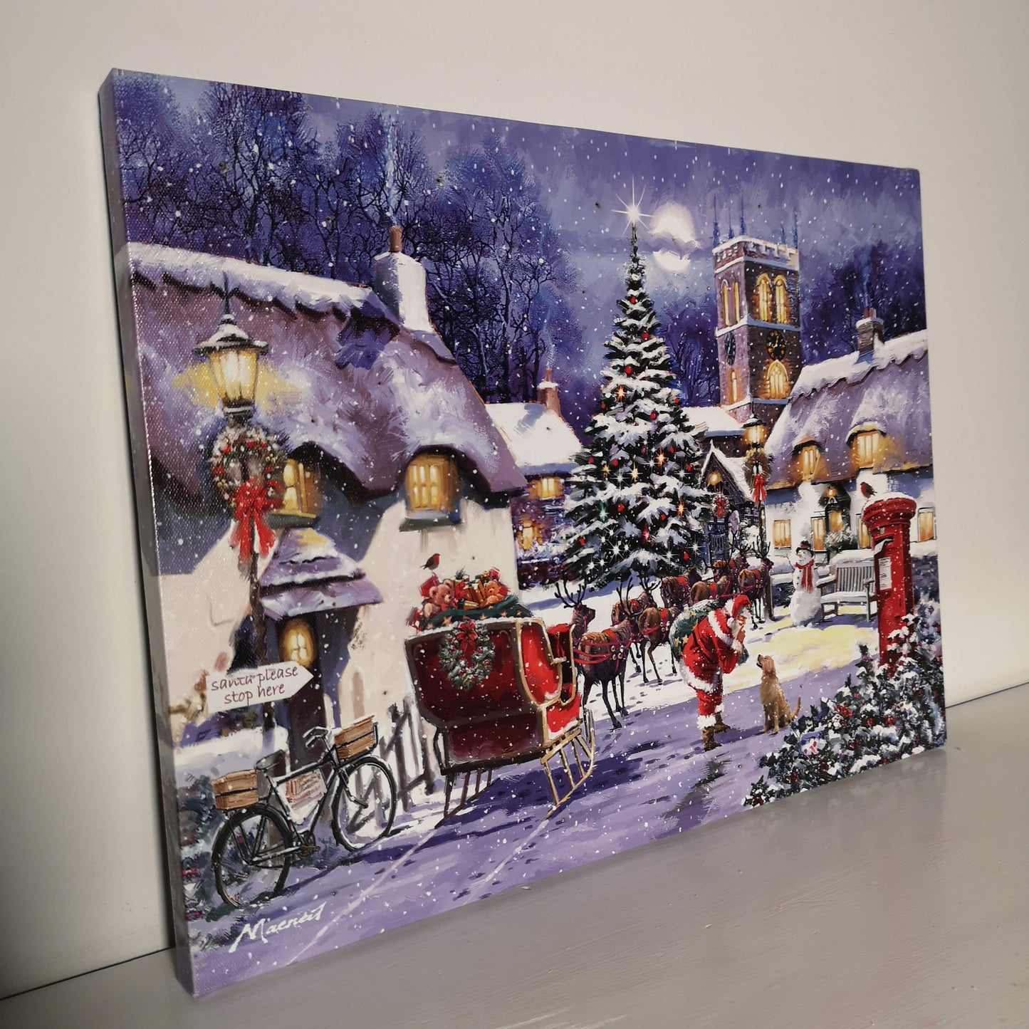 40 x 30cm Snowtime Touch Operated Santa And Village Christmas Fibre Optic Wall Canvas