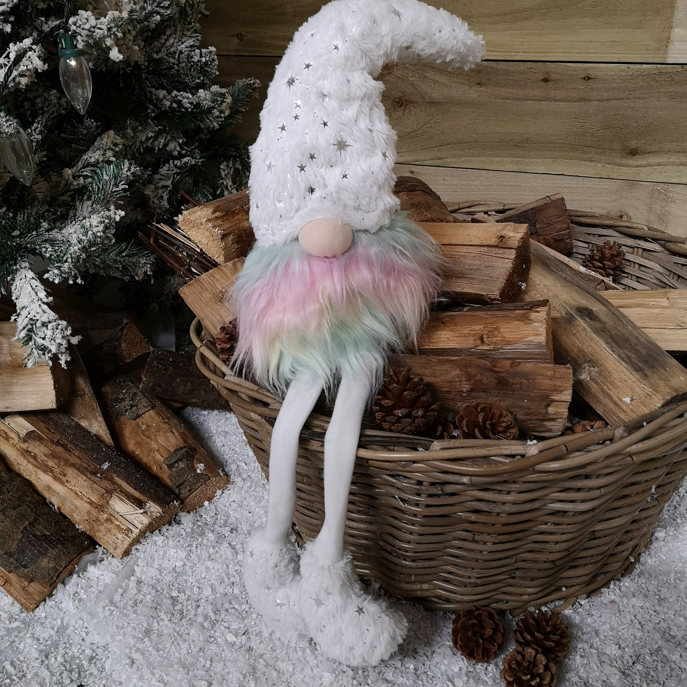 70cm Festive Christmas Rainbow Haired Plush Gonk Dangly Legs & Starry Hat