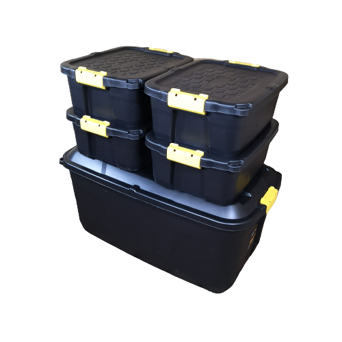 1 x 145L AND 4 x 24L Heavy Duty Trunks 1 on Wheels Sturdy, Lockable, Stackable and Nestable Design Storage Chest with Clips in Black