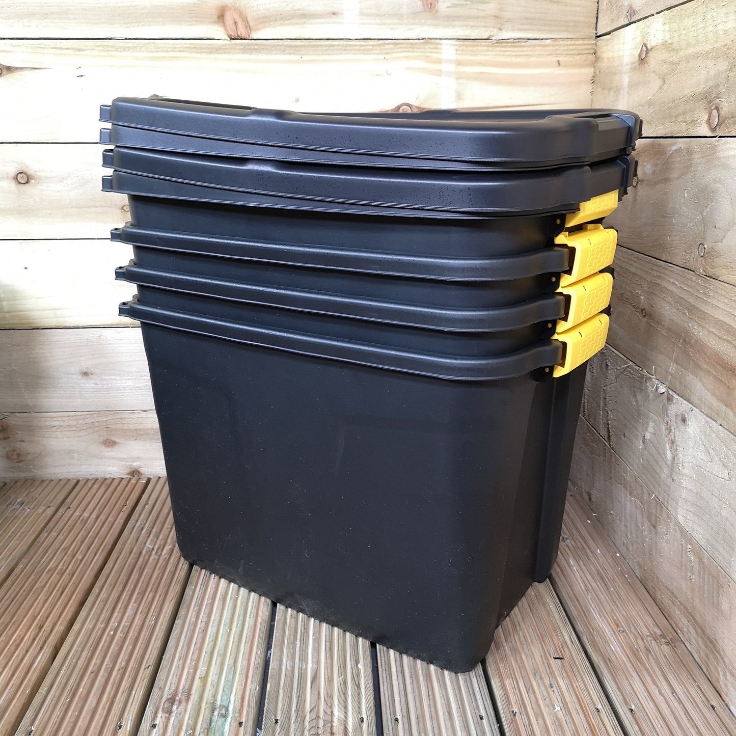 4 x 60L Heavy Duty Storage Tubs Sturdy, Lockable, Stackable and Nestable Design Storage Chests with Clips in Black