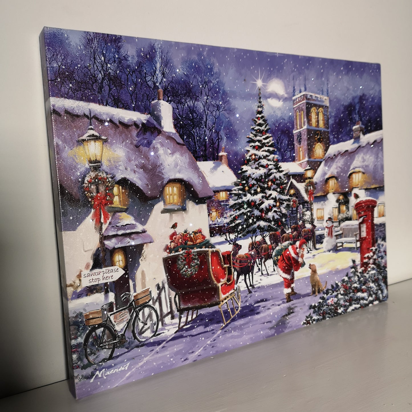 40 x 30cm Snowtime Touch Operated Santa And Village Christmas Fibre Optic Wall Canvas